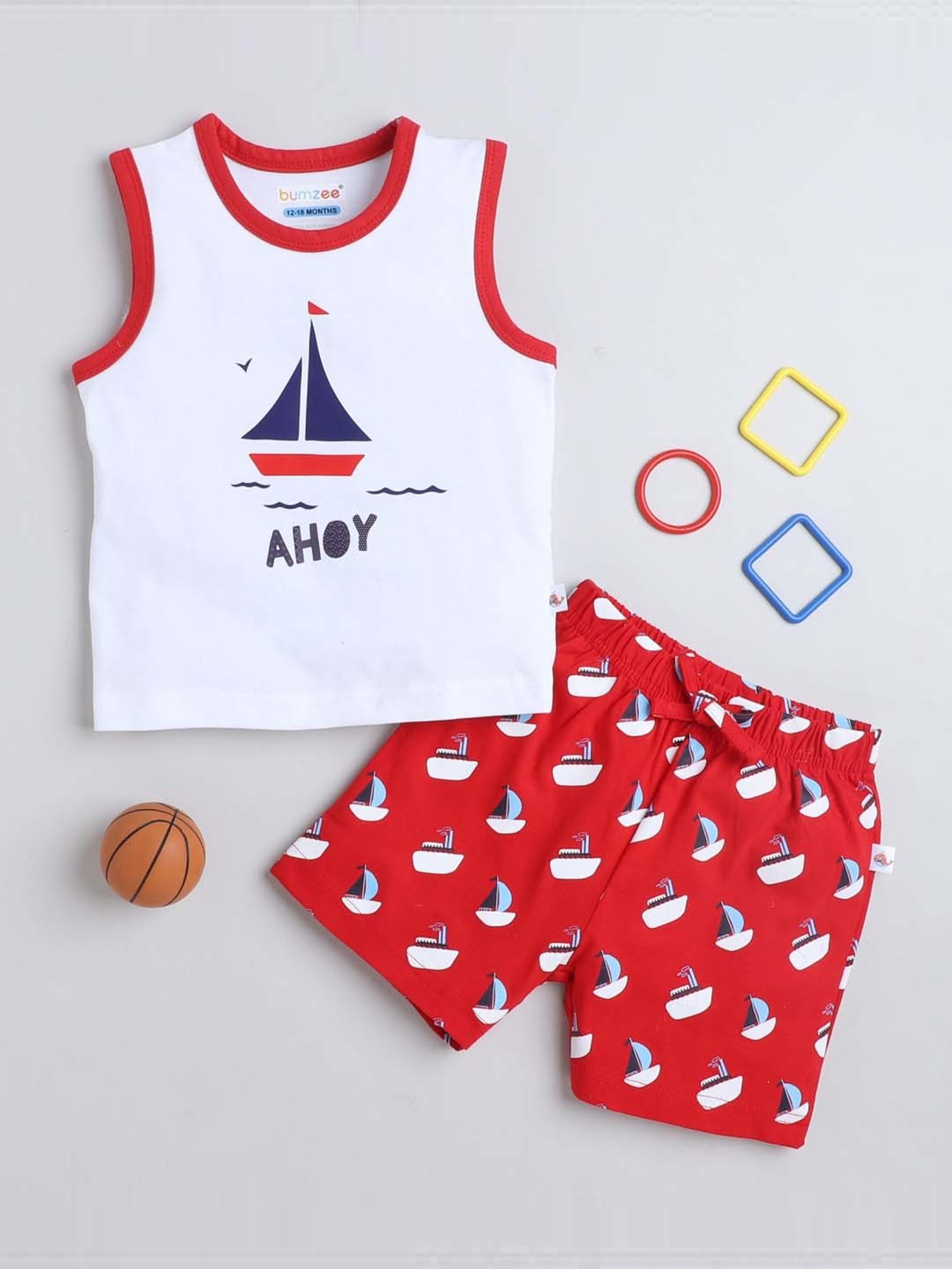 Bumzee Kids White & Red Cotton Printed T-Shirt Set