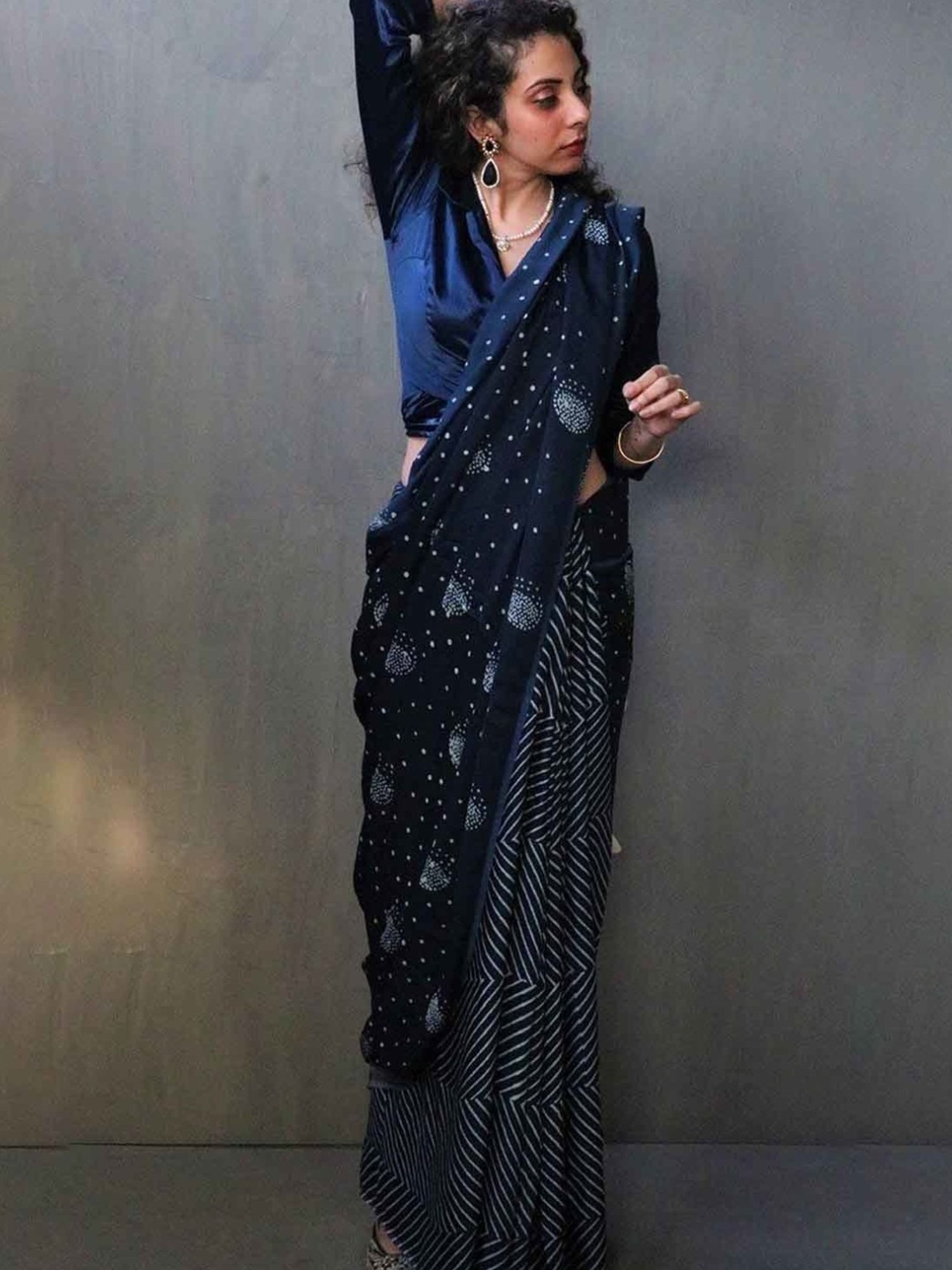 Chidiyaa Blue Luna Block Printed Modal Silk Saree