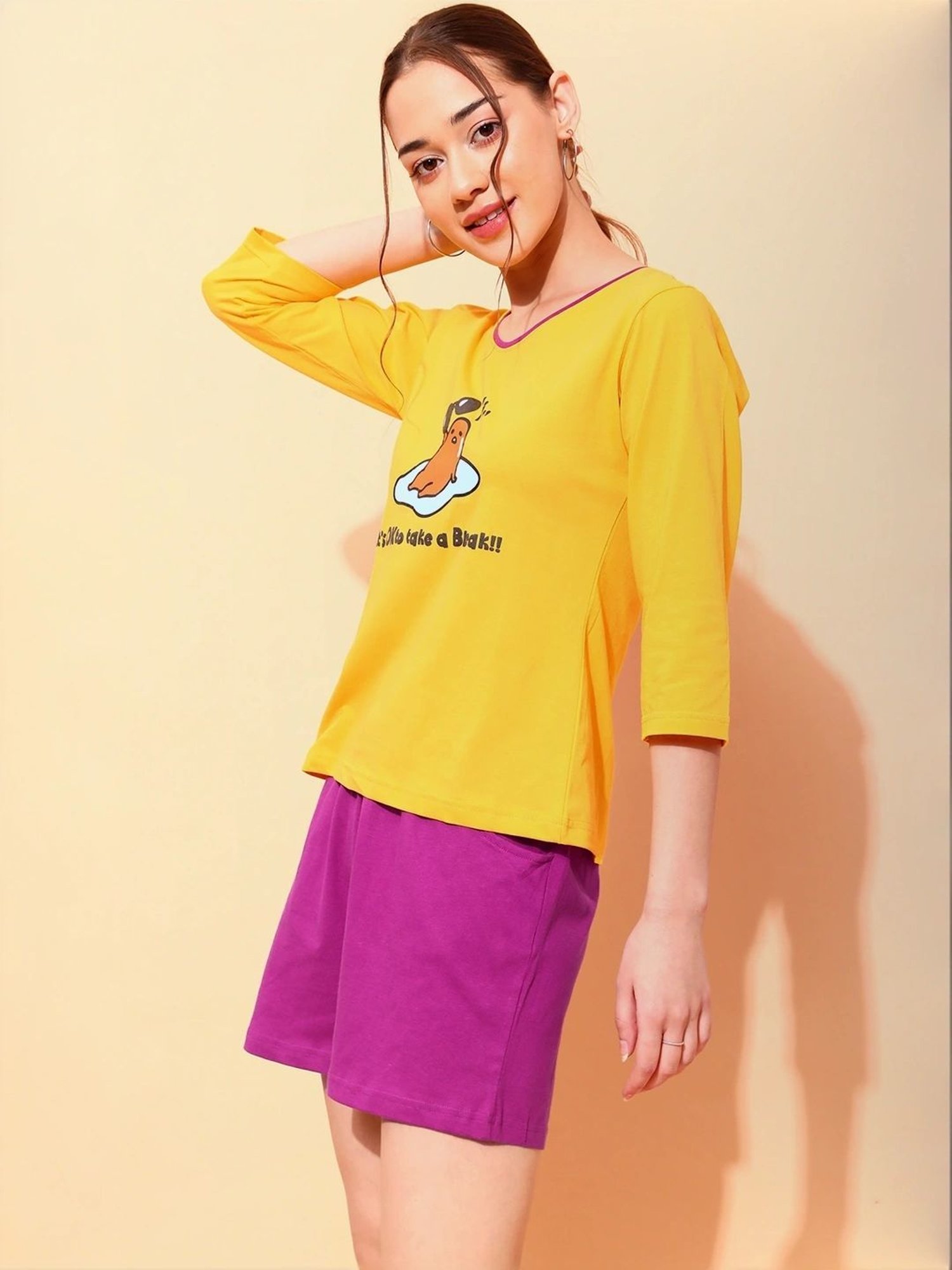 Clovia Yellow & Purple Printed Top With Shorts