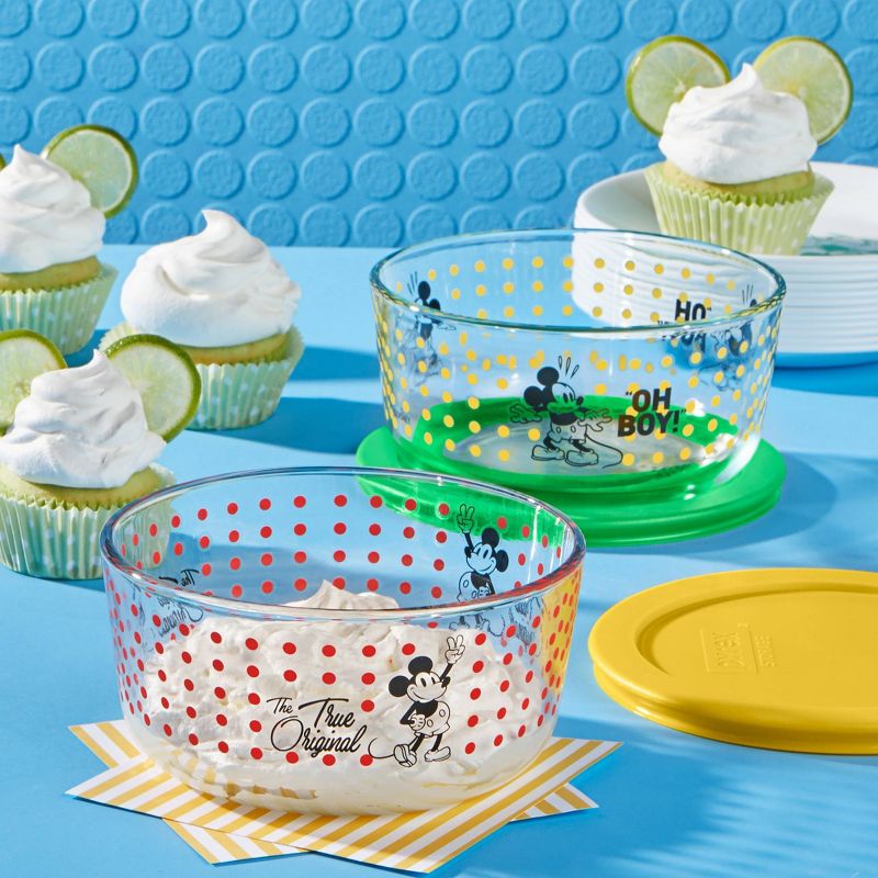 Pyrex 4pc 4 Cup Round Decorated Glass Food Storage Set - Mickey Mouse Oh Boy and The True Original