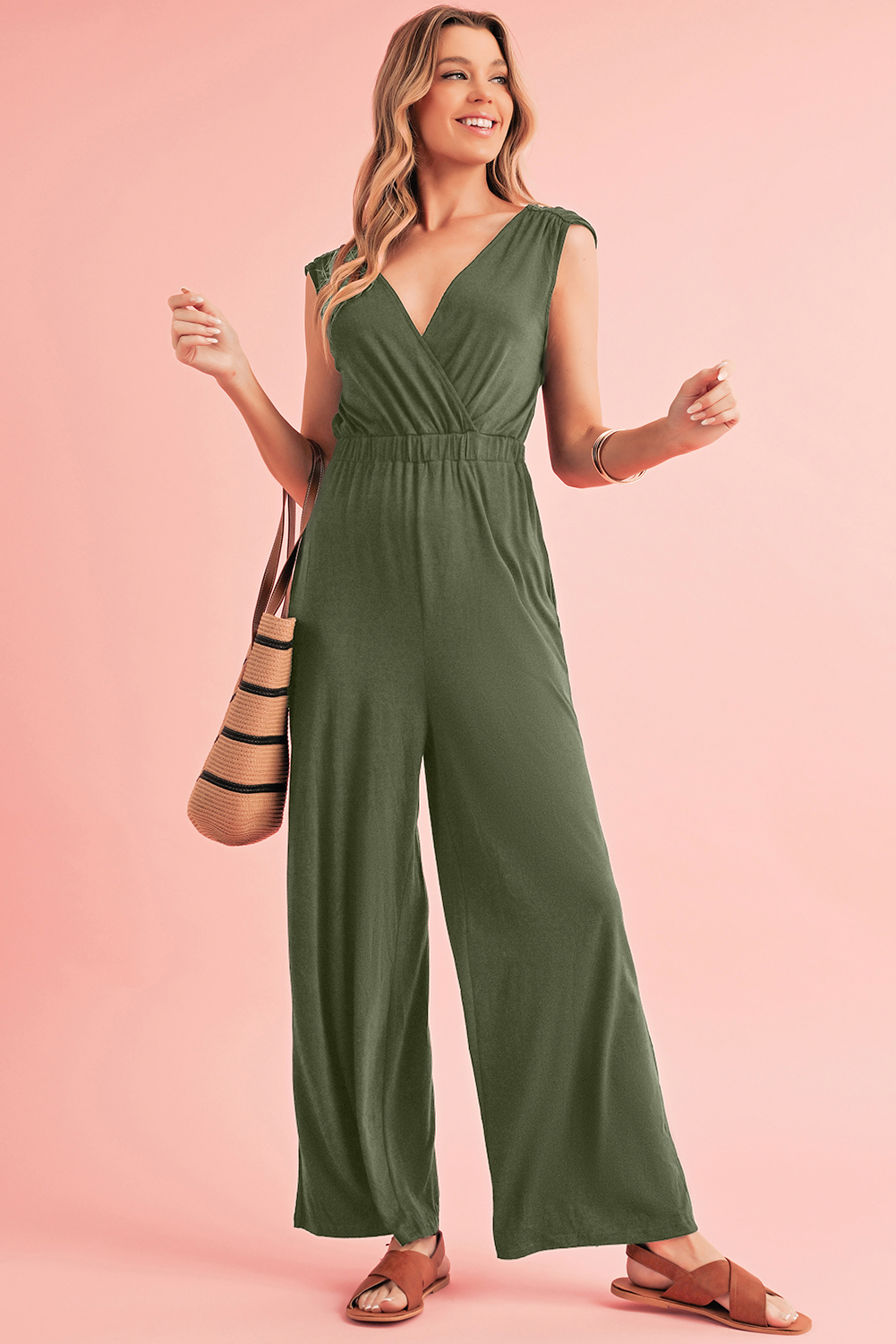 Jungle Green Deep V Pocketed Pleated Wide Leg Jumpsuit