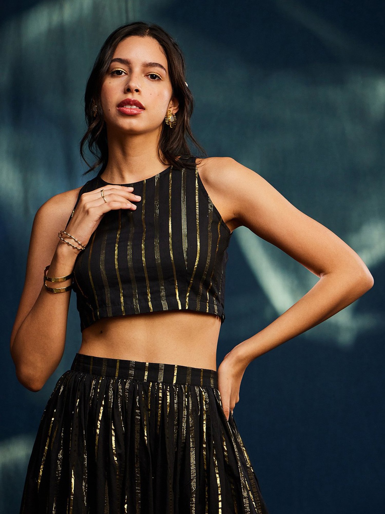 Pink Fort Black Cotton Striped Blouse