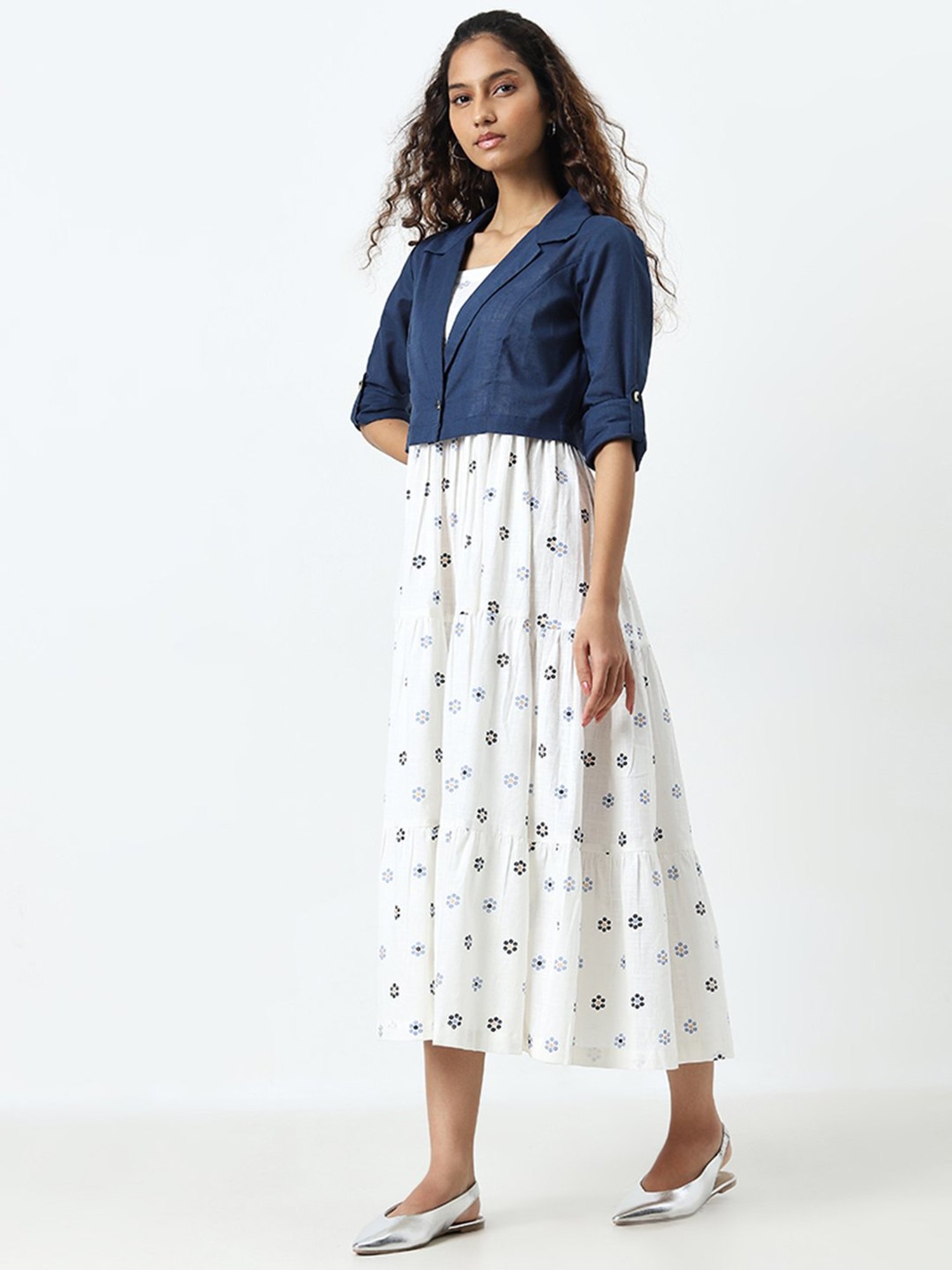 Bombay Paisley by Westside White Tiered Cotton Dress with Jacket