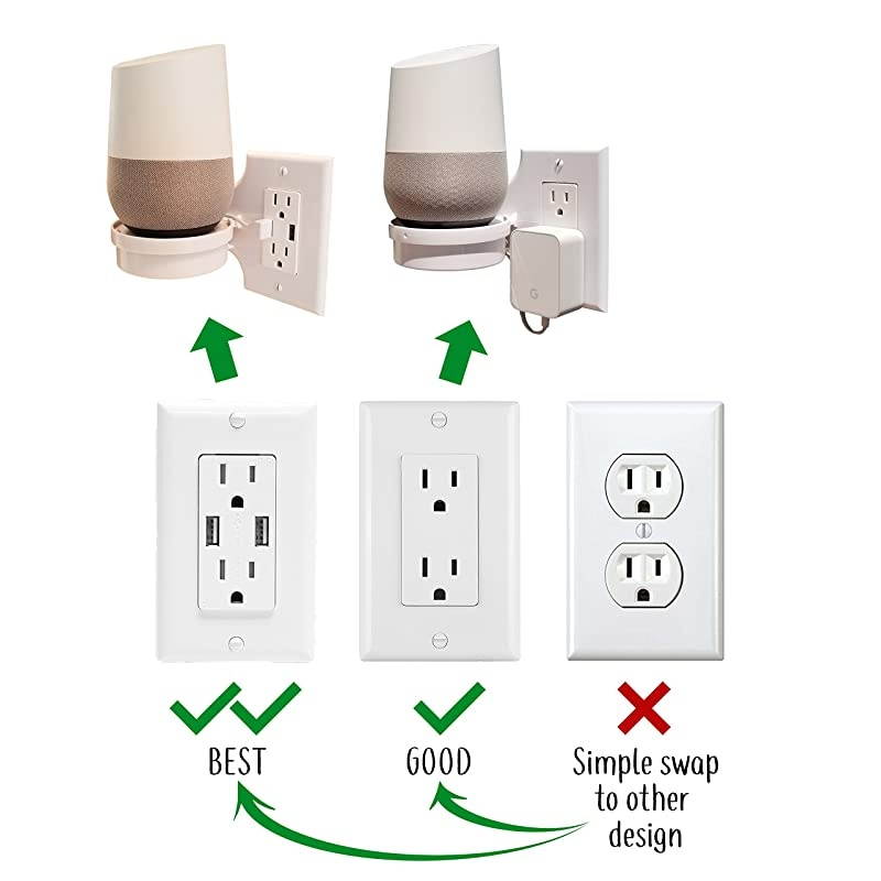 Smart Home Outlet Shelf Hidden Cord Storage and Extra Custom Short Cords Great for Google Home Nest Security Cameras Smart Speakers and more