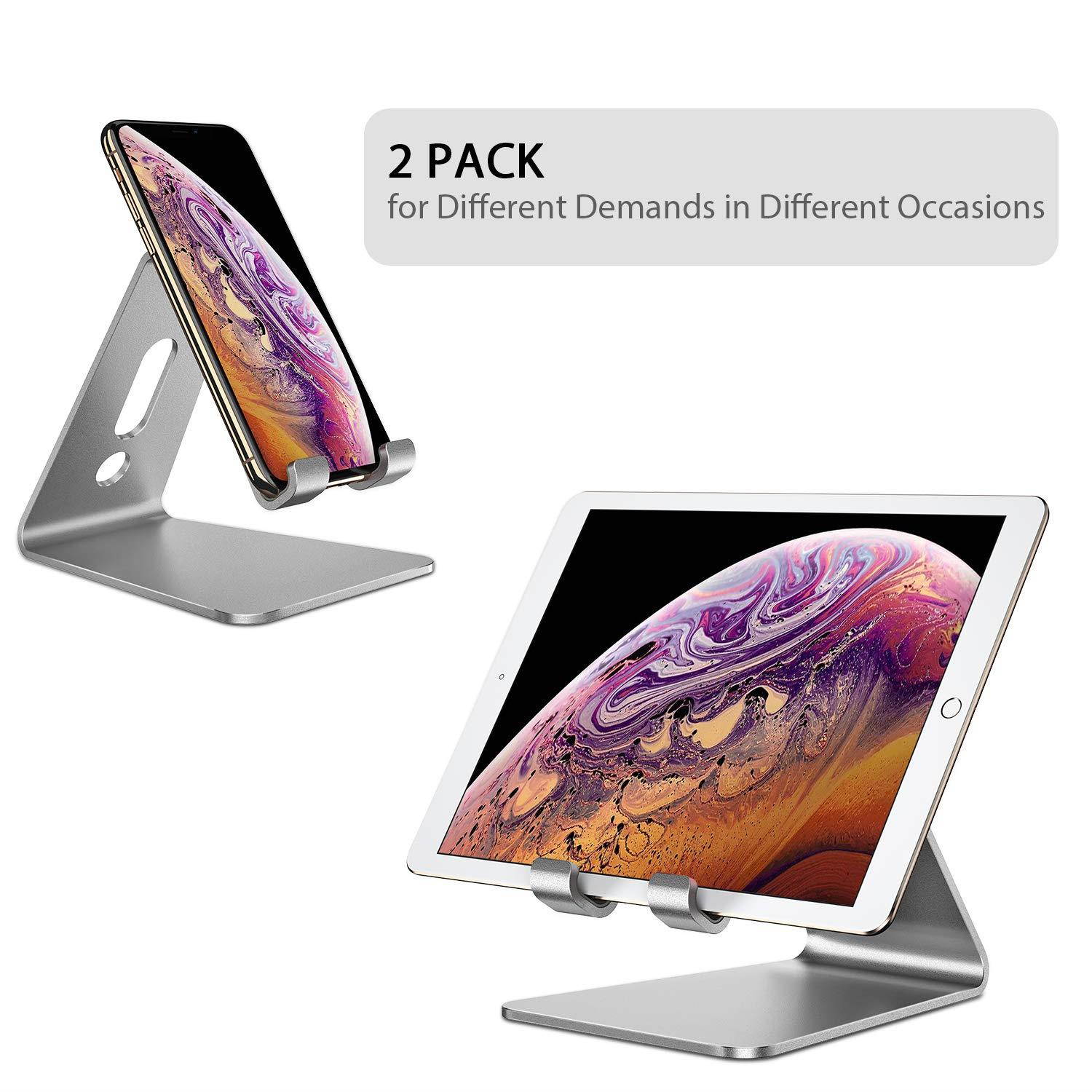 OMOTON [2 Pack] Cell Phone Stand Phone Holder for Desk, Desktop Cell Phone Stand Compatible for All iPhone and Android Smartphone, Silver