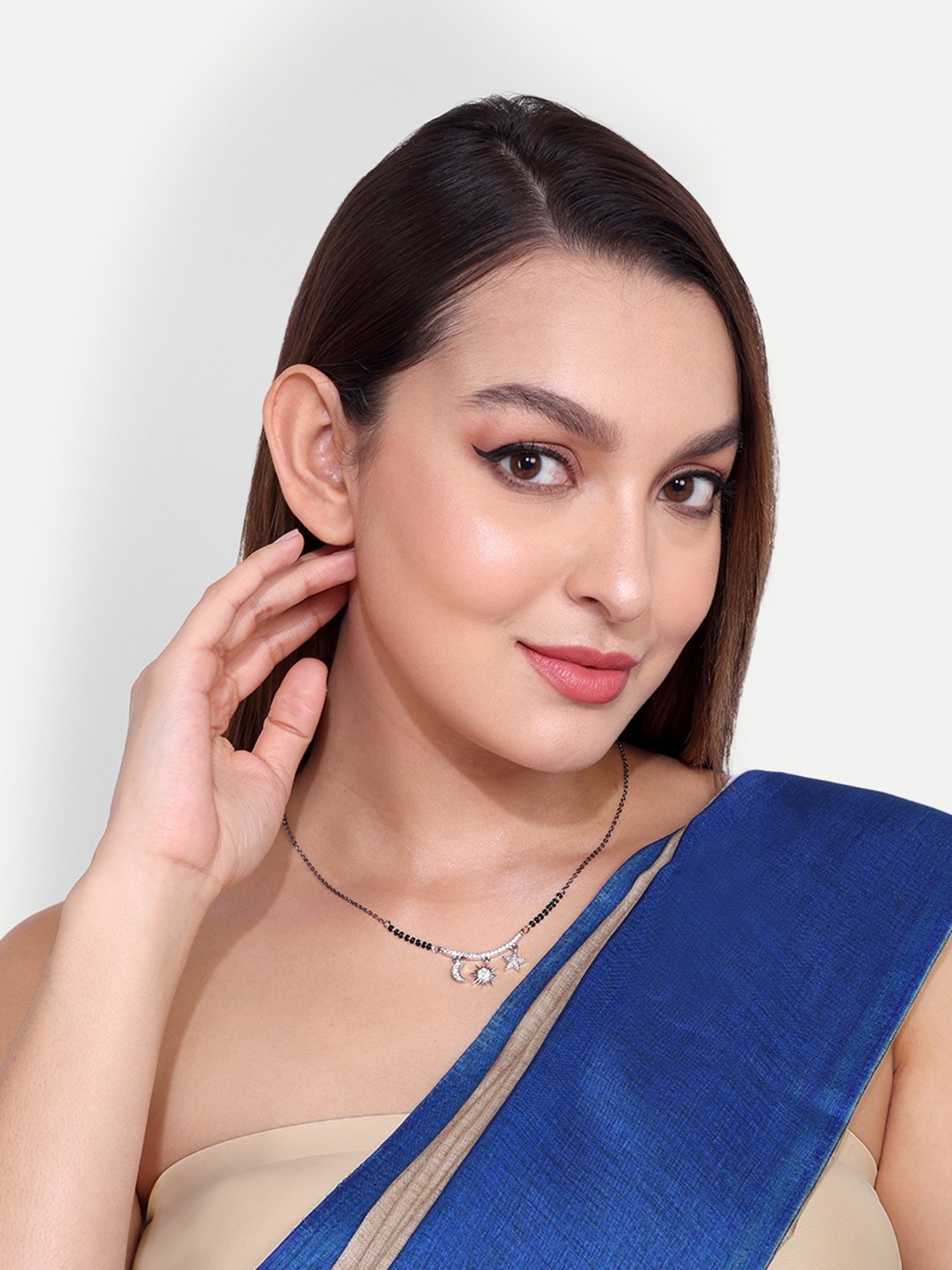 Abdesigns Silver-Plated Black Beaded American Diamond Mangalsutra