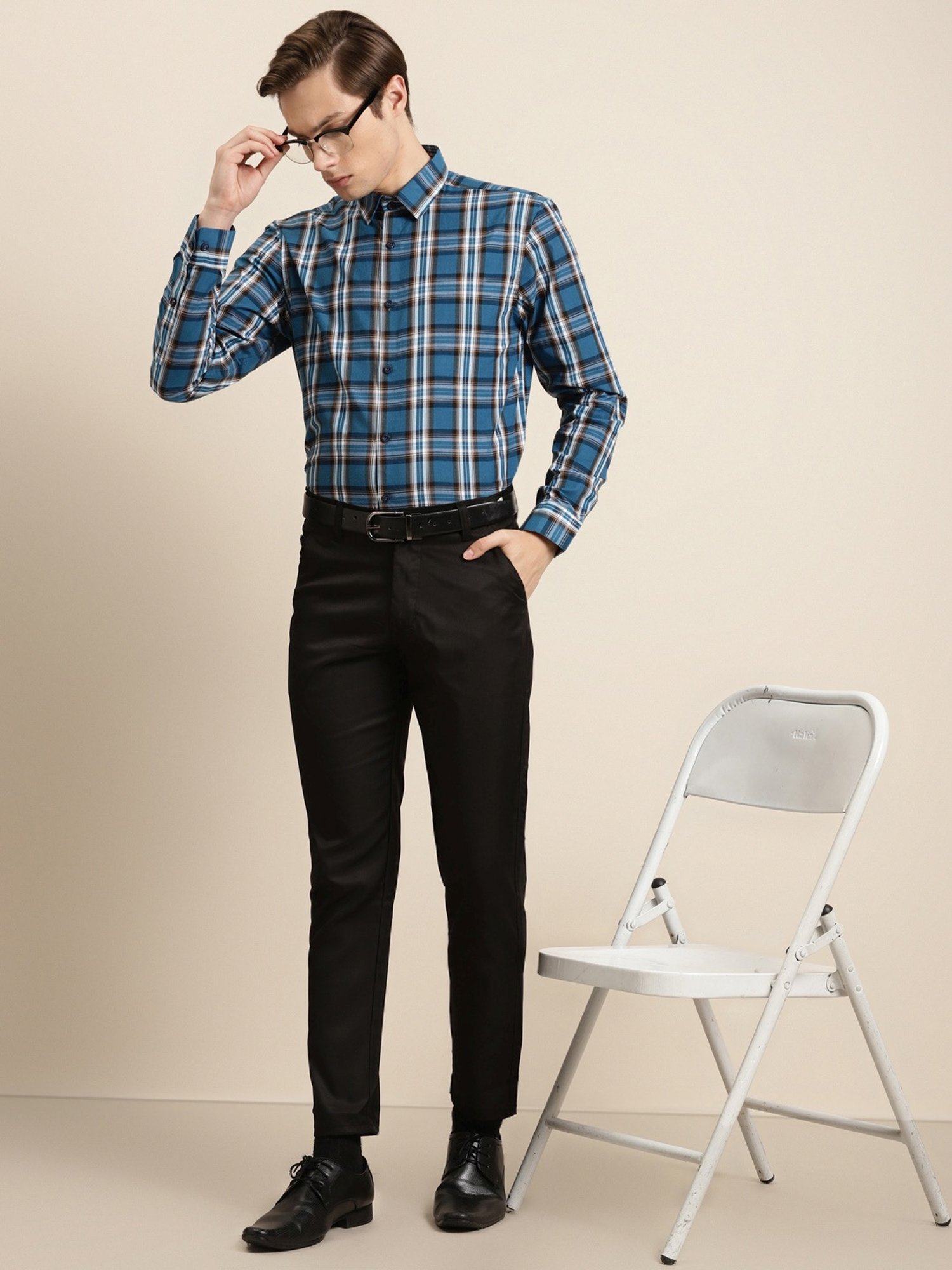 Sojanya Blue Cotton Regular Fit Checks Shirt