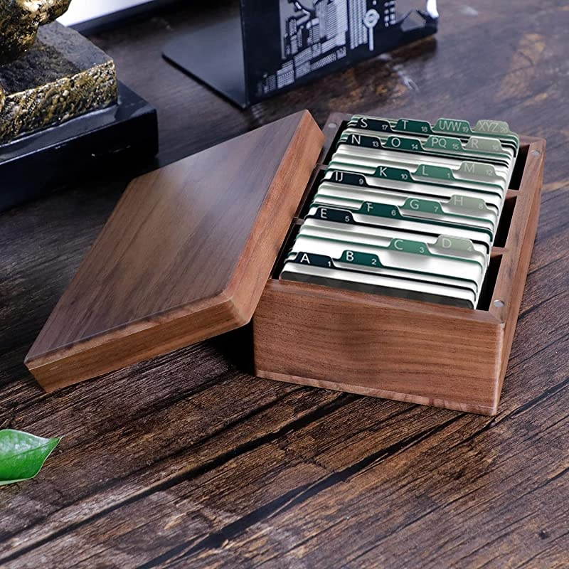 Business Card Holder 2.2 x 3.5 inches Index Cards Organizer Wood Cards Box Business Cards File Storage Index Card Organizers, 3 Divider Boards for 300 Cards, A-Z Guides, 6.3 x 4.5 x 3 inches