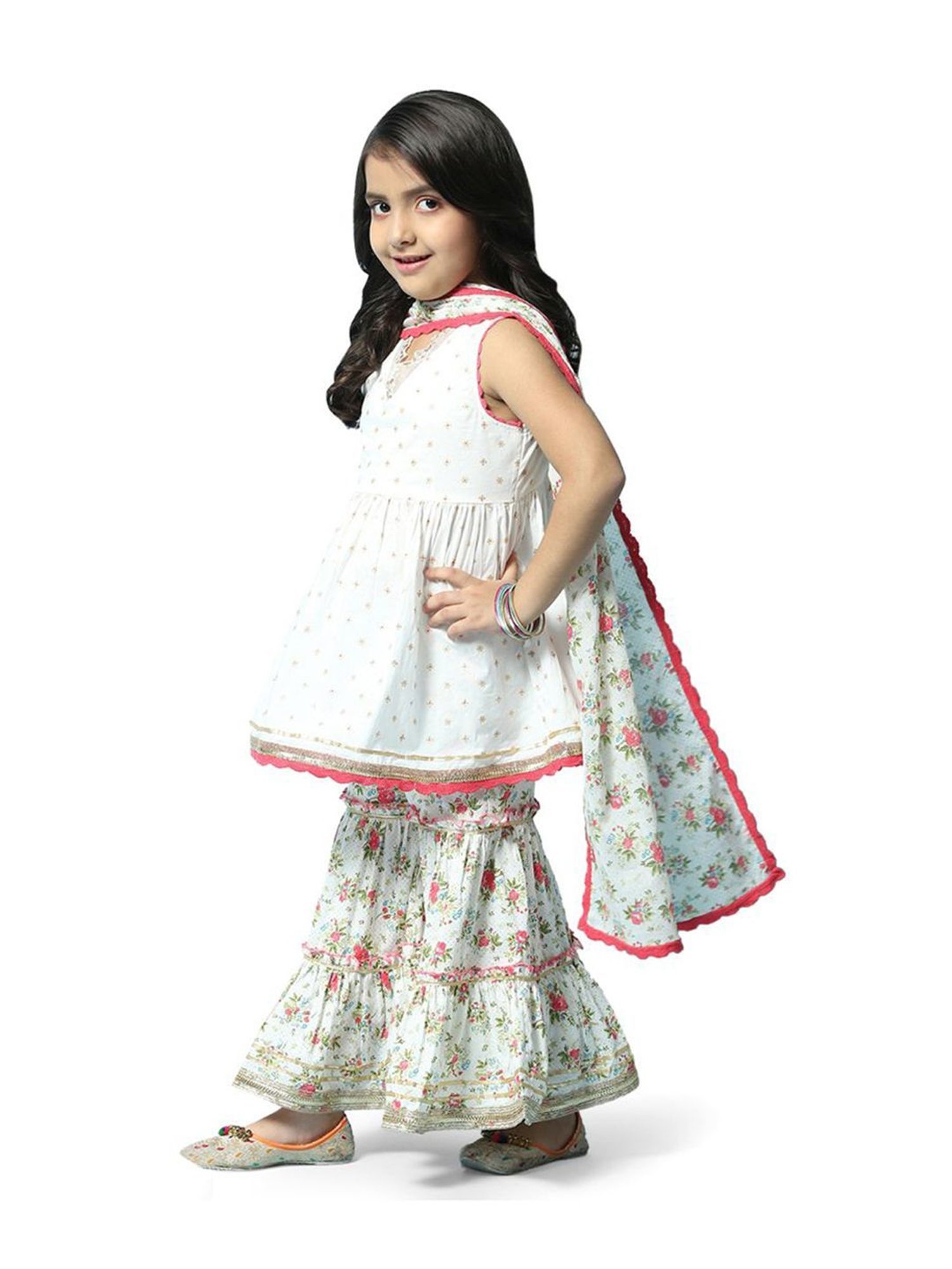 Biba Girls Off-White & Pink Cotton Printed Kurta Set