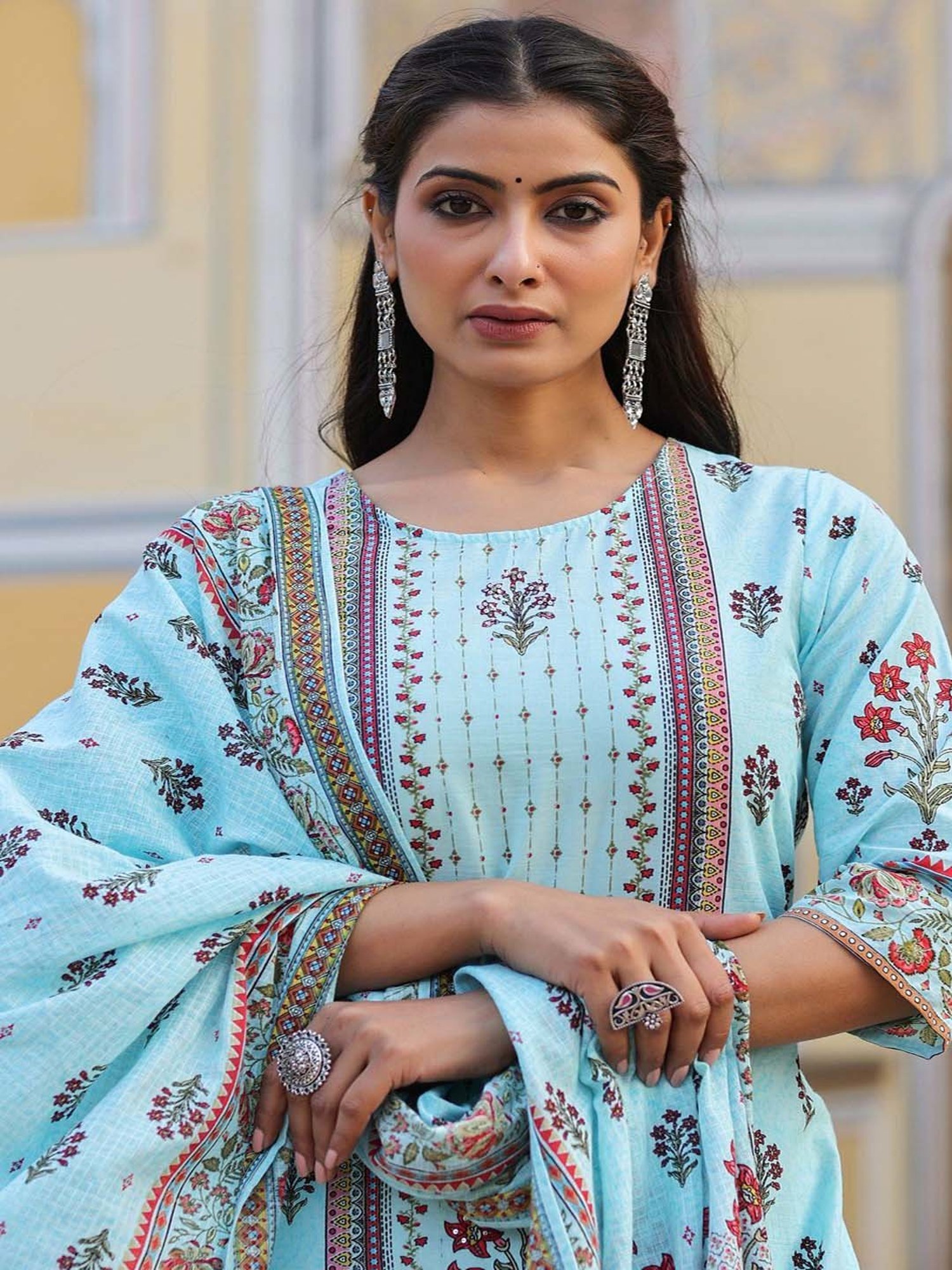 Juniper Sky Blue Ethnic Motif Print Cotton Kurta,Pants & Kota Doria Dupatta Set With beads & Sequins