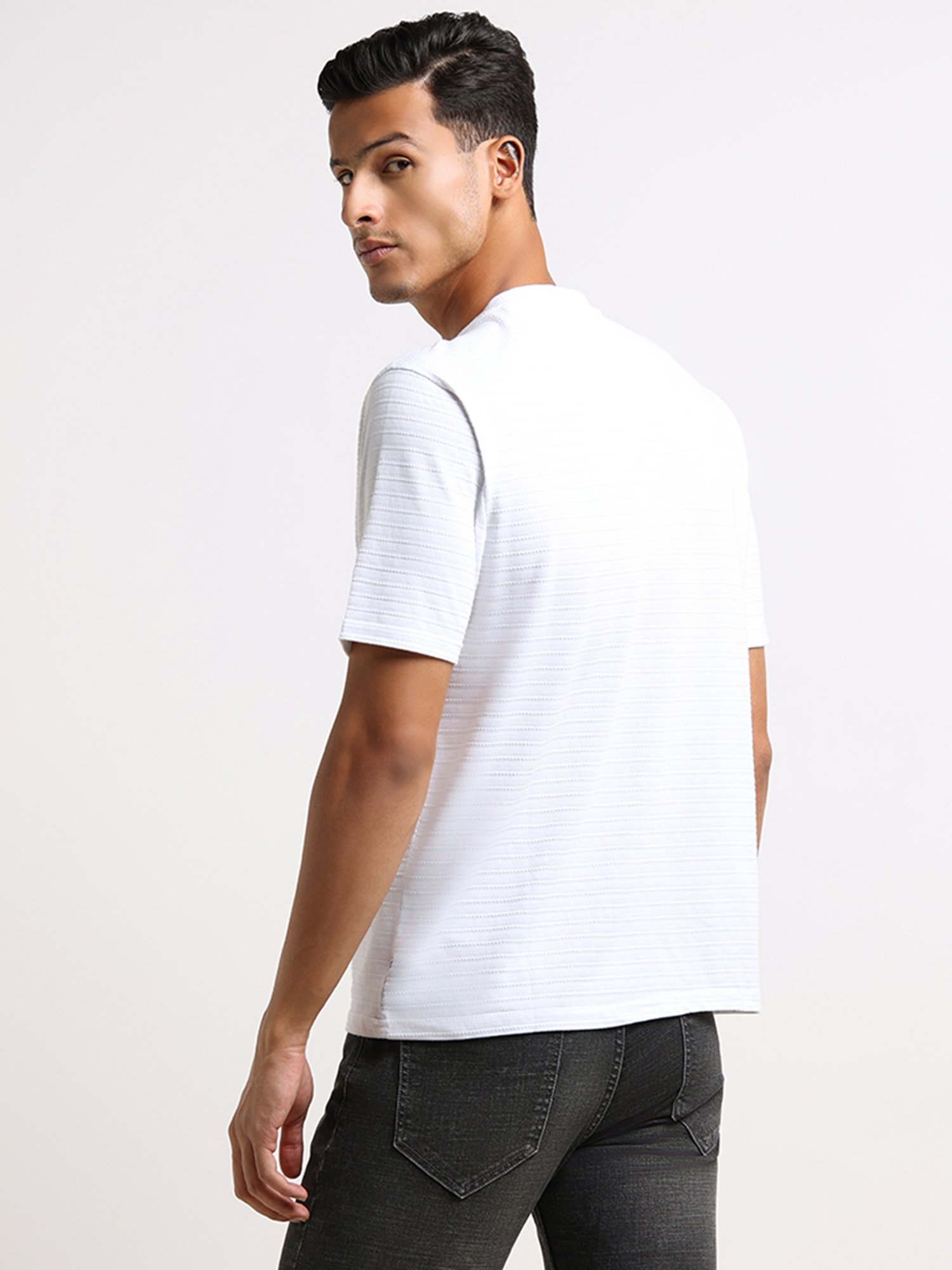 WES Lounge by Westside White Self-Striped Relaxed Fit T-Shirt