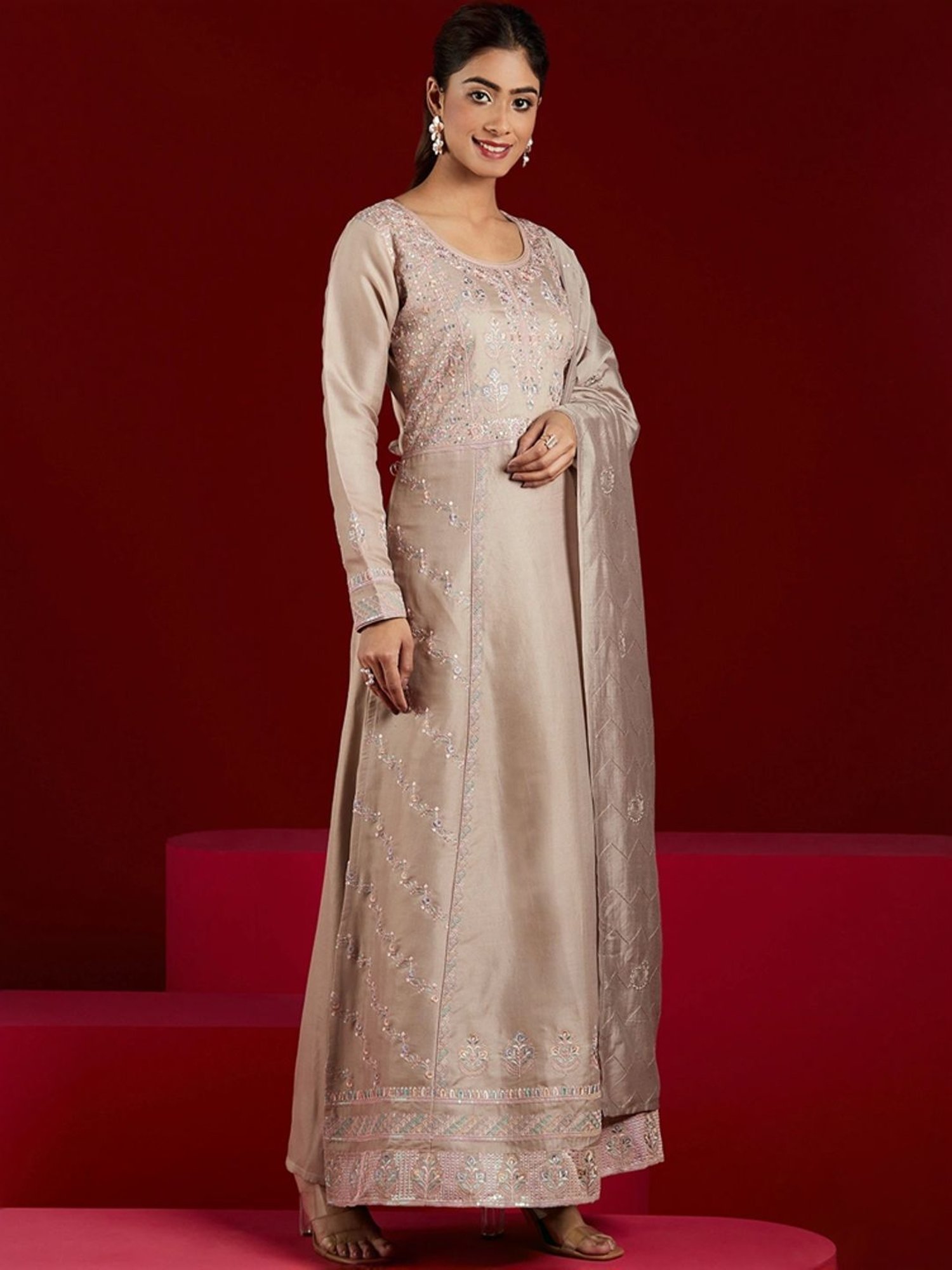 Libas Art Beige Embroidered Kurta Pant Set With Dupatta