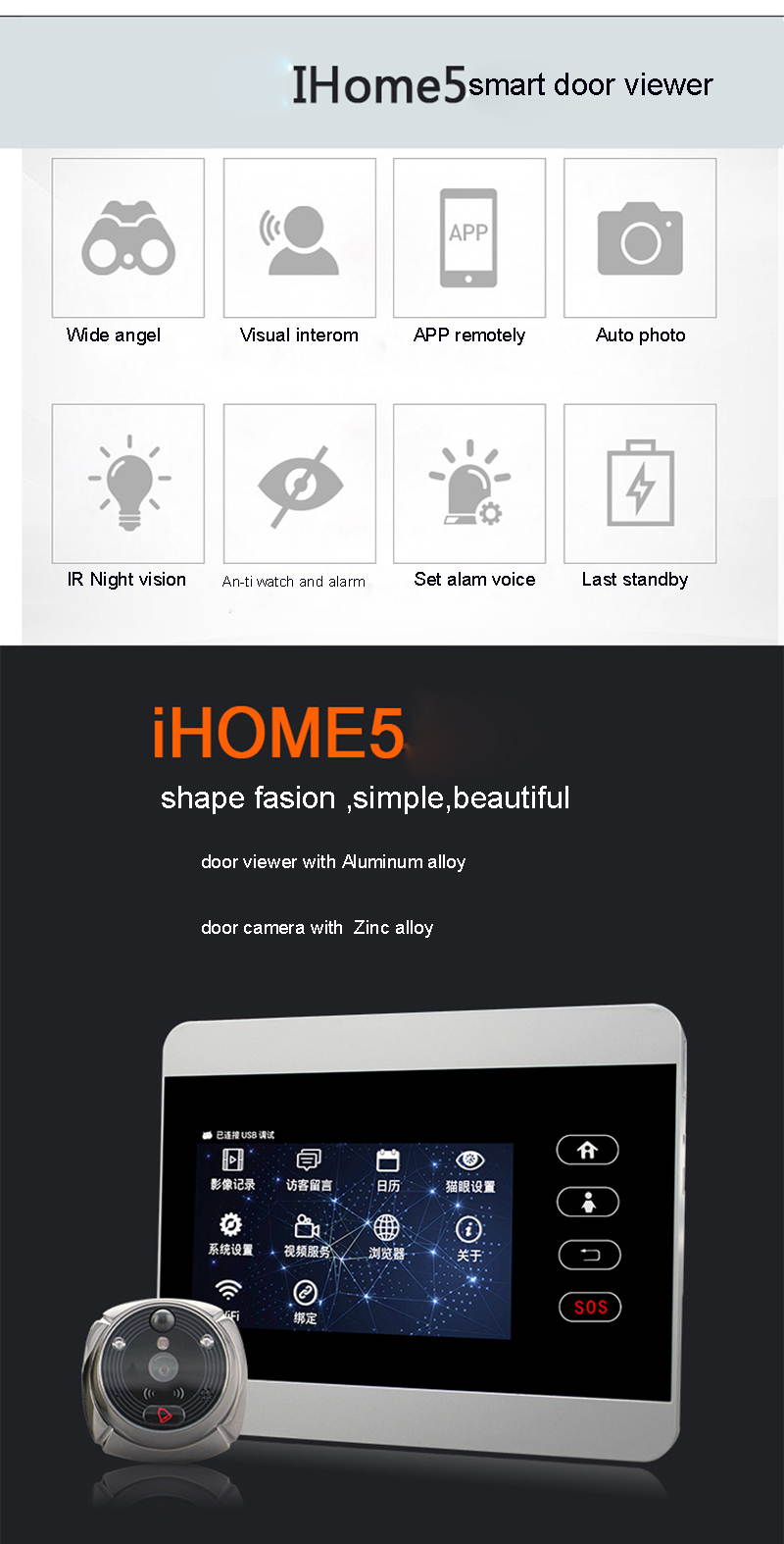 Rollup iHome5 WiFi Peephole Door Viewer & Video IP Doorbell 4 Inch Screen IR PIR Door HD Camera Motion Detect Door Bell