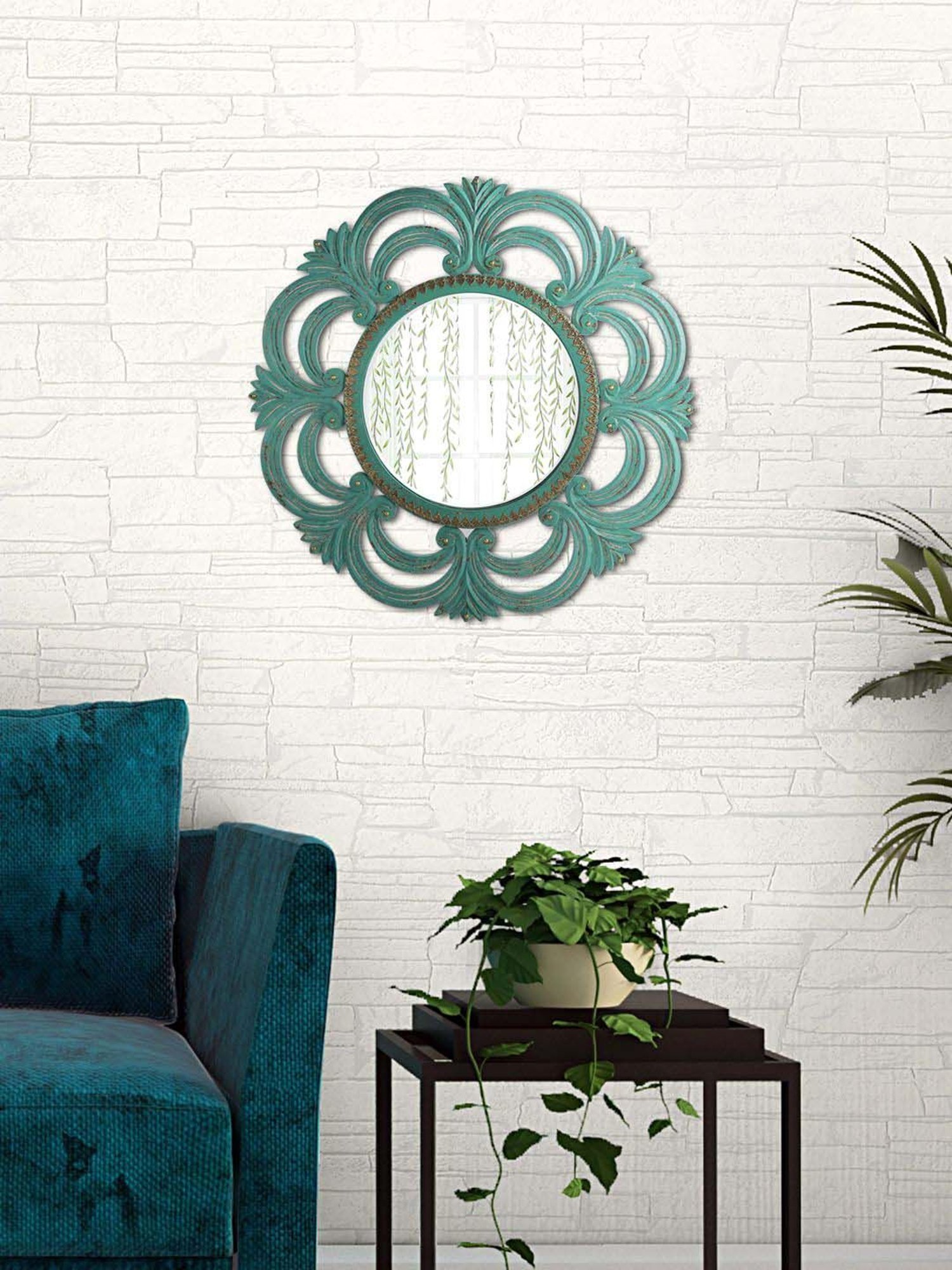 Aapno Rajasthan Green Wooden Round-Shaped Wall Mirror
