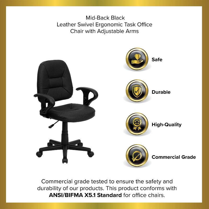 Emma and Oliver Mid-Back Black Leather Swivel Ergonomic Task Office Chair with Adjustable Arms