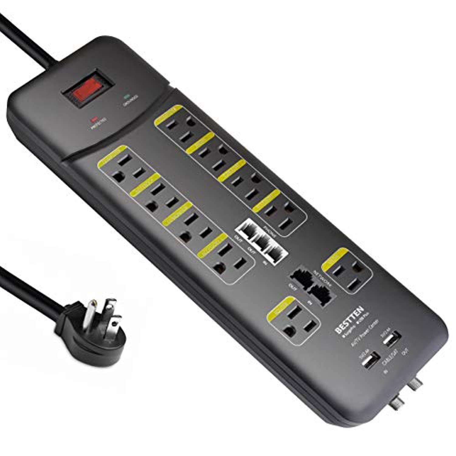 BESTTEN 10 Outlet All-In-One Surge Protector Power Strip with 2 USB Charging Ports (3.1A Total) and Phone/Ethernet/Coaxial Protection, 9-Foot Ultra Long Extension Cord, 3800 Joules, ETL Listed, Black