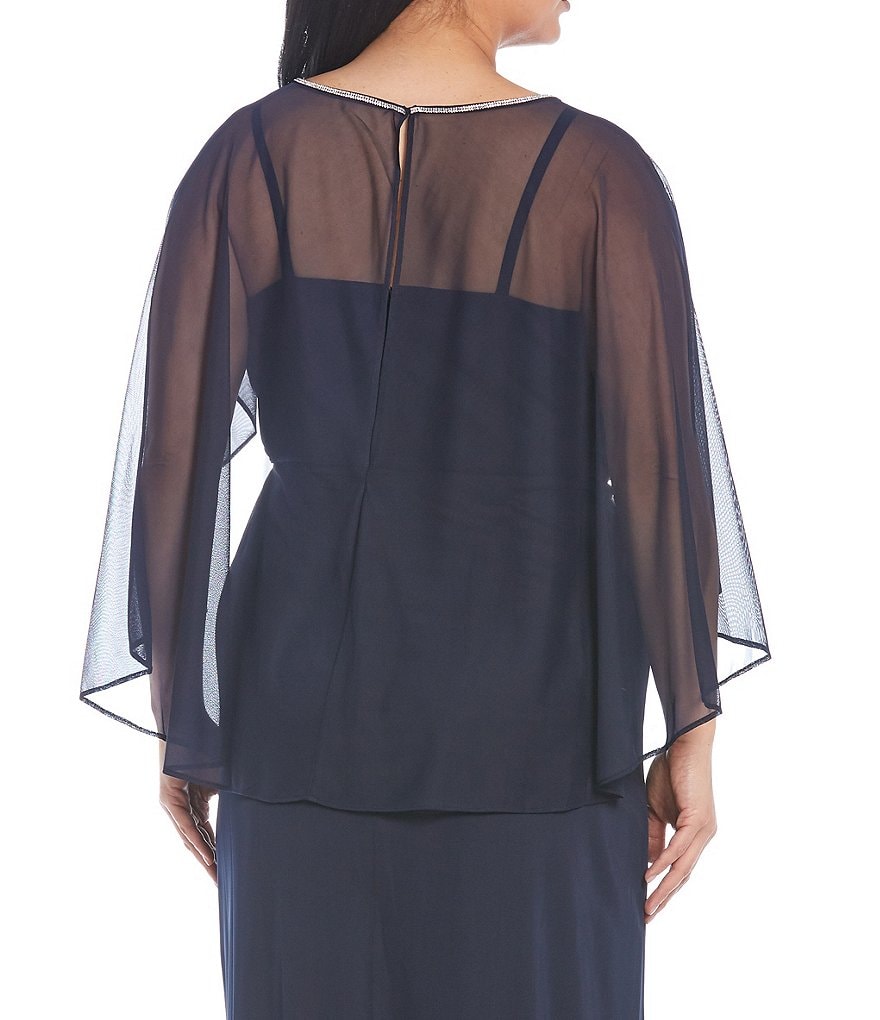 R & M Richards Plus Size Round Neck 3/4 Sleeve Matte Chiffon Flyaway Cape Gown