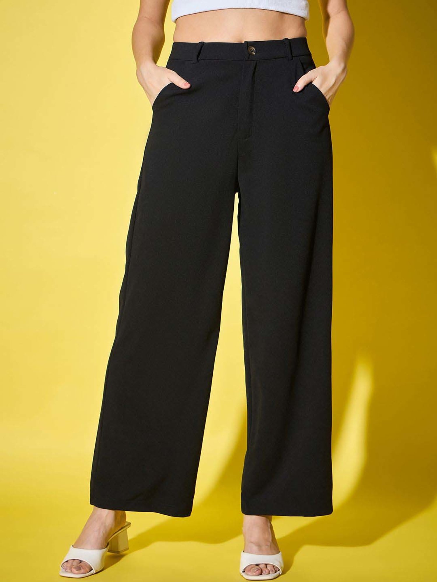 BUYNEWTREND Black High rise Formal Trousers