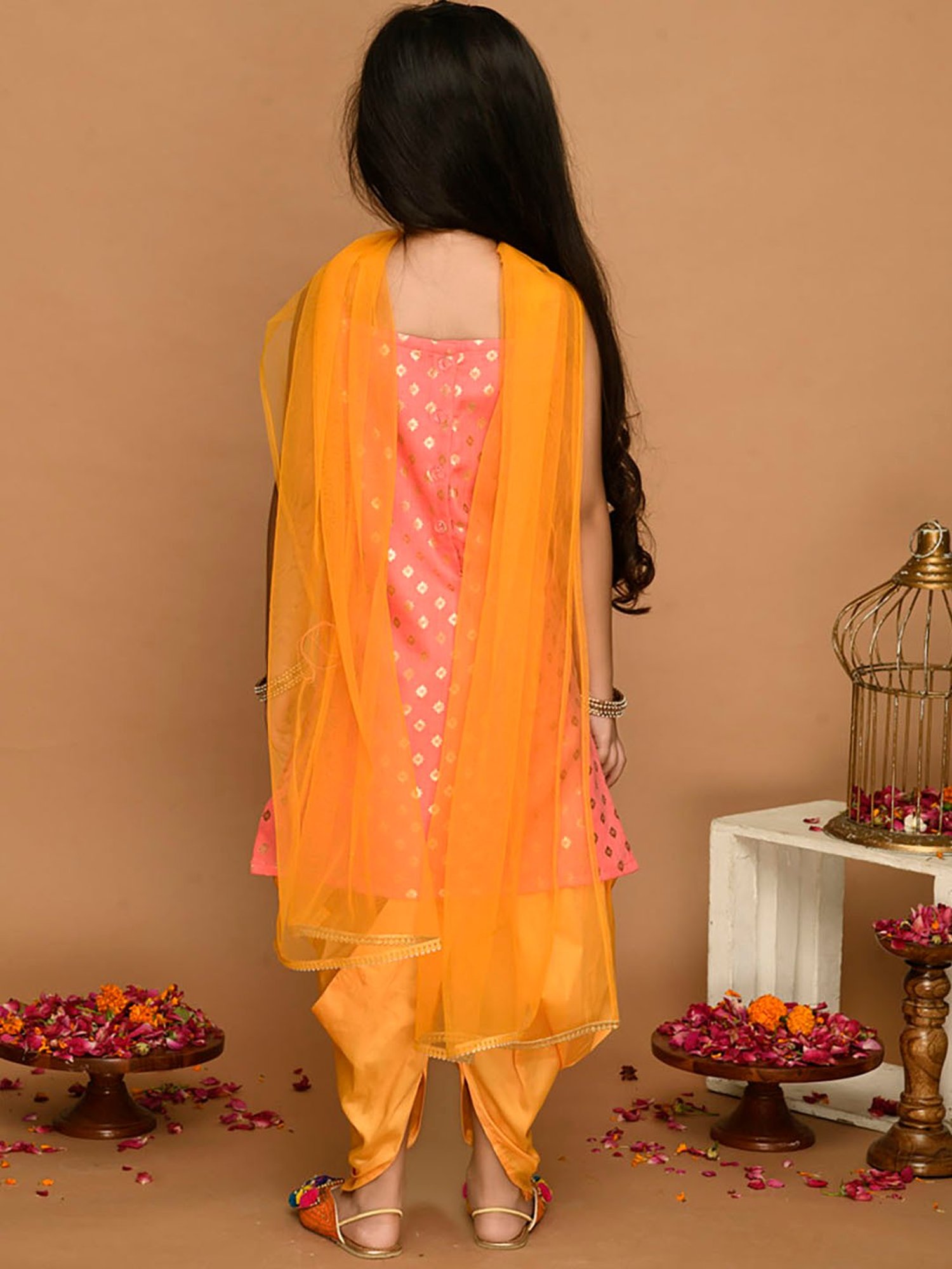 Saka Designs Kids Peach & Mustard Printed Kurta with Dhoti & Dupatta