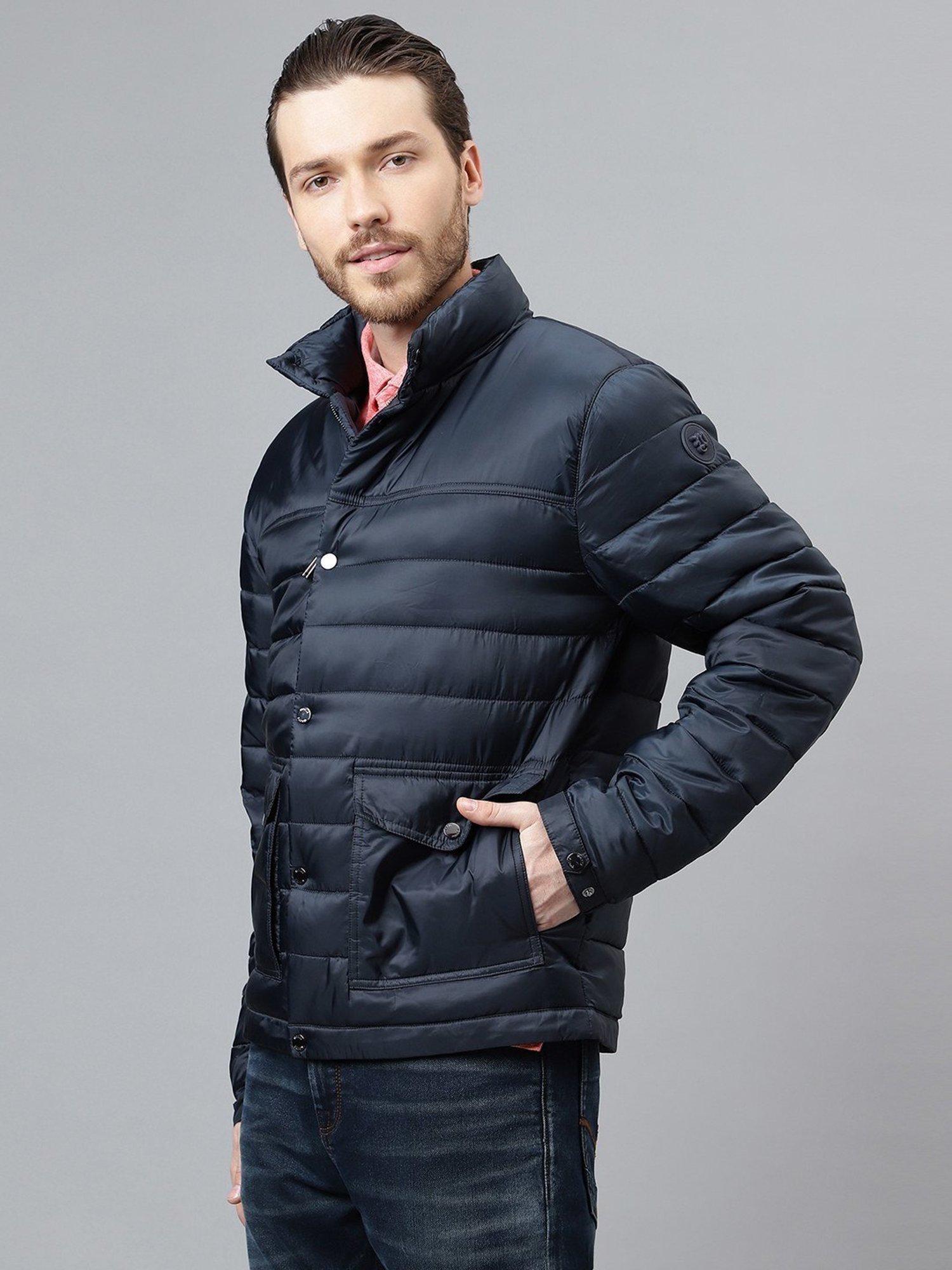 Woods Navy Regular Fit Quilted Jacket