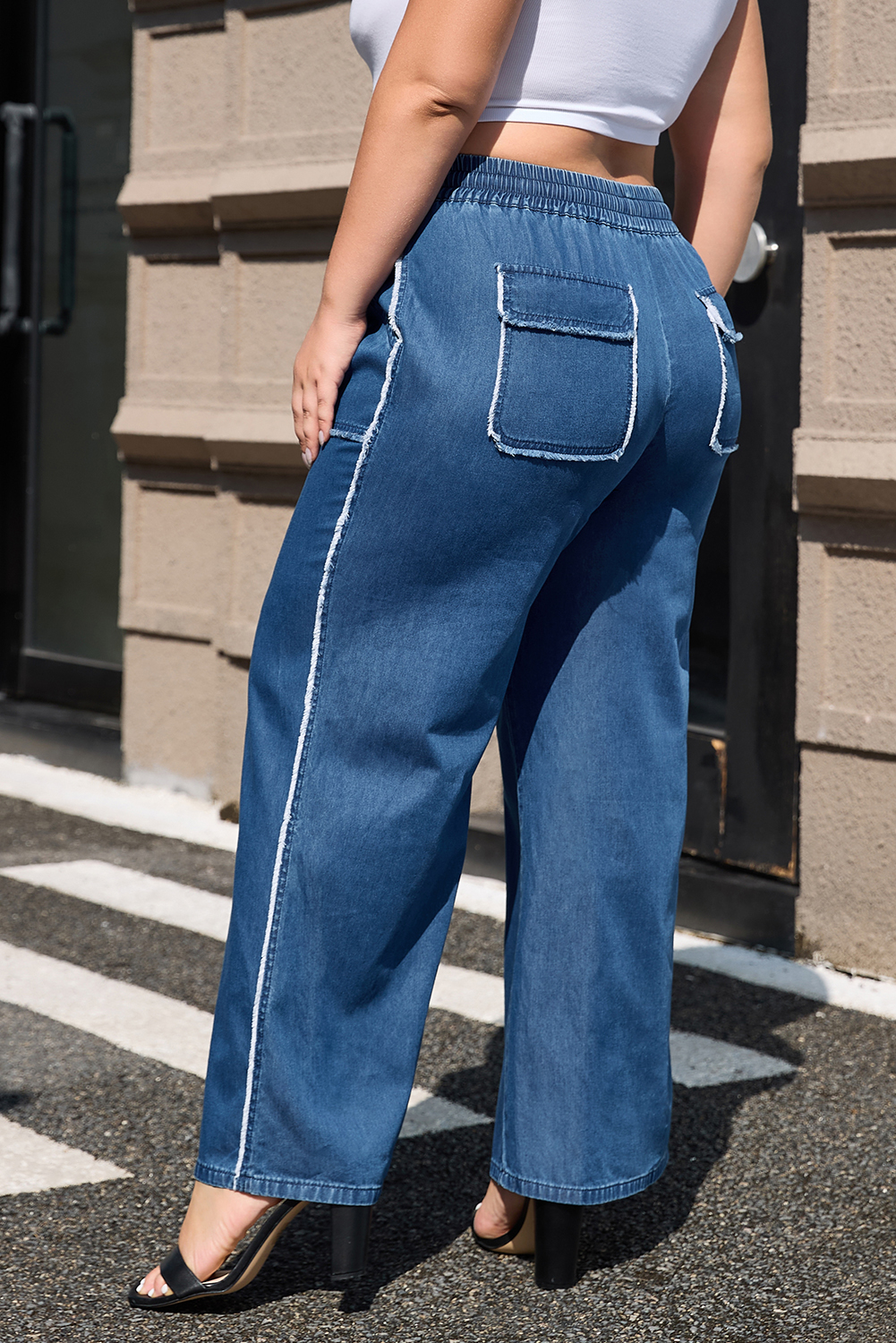 Dark Blue Plus Size Stitching Washed Flare Jeans