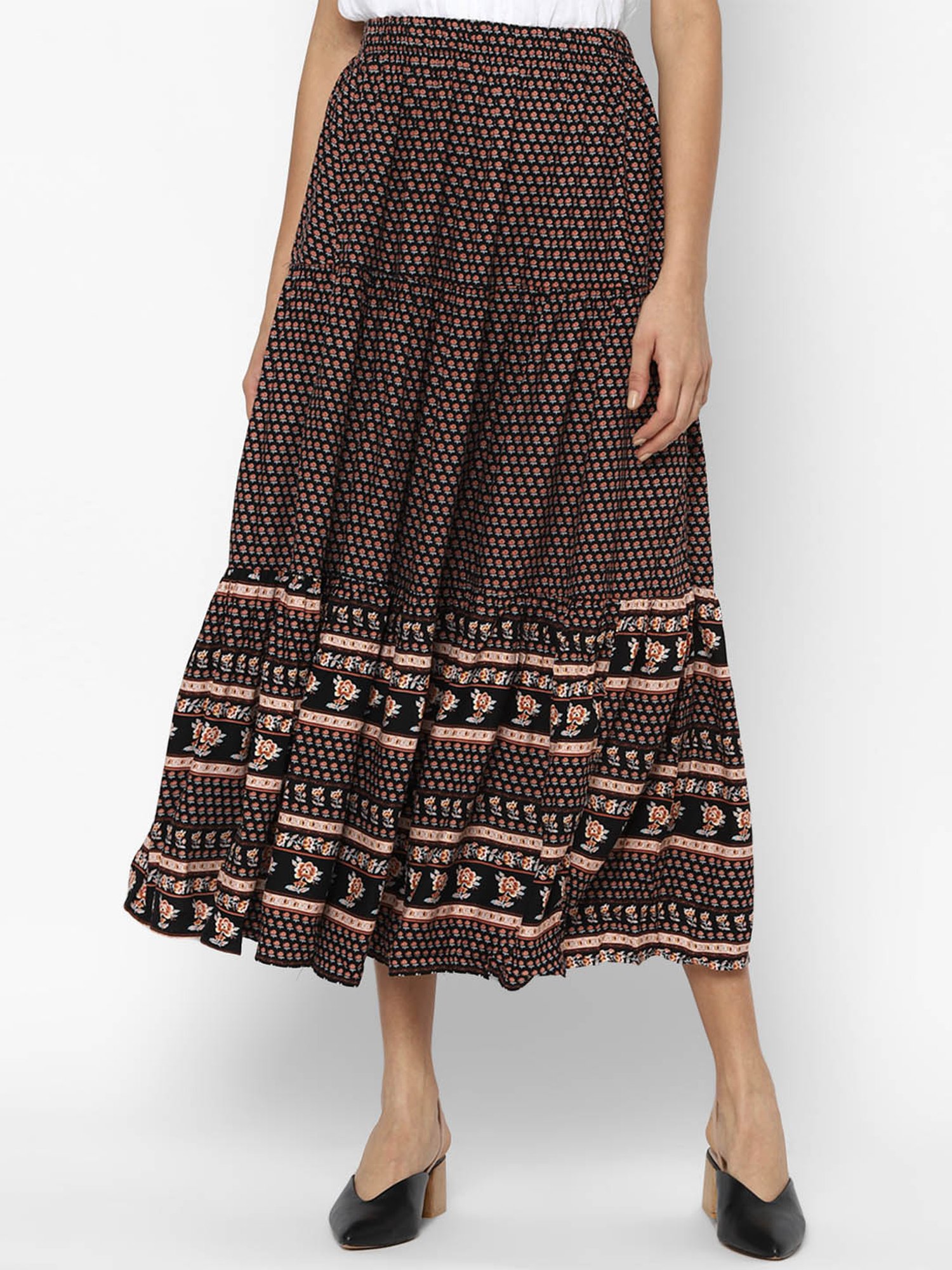 American Eagle Outfitters Black Printed Below Knee Skirt