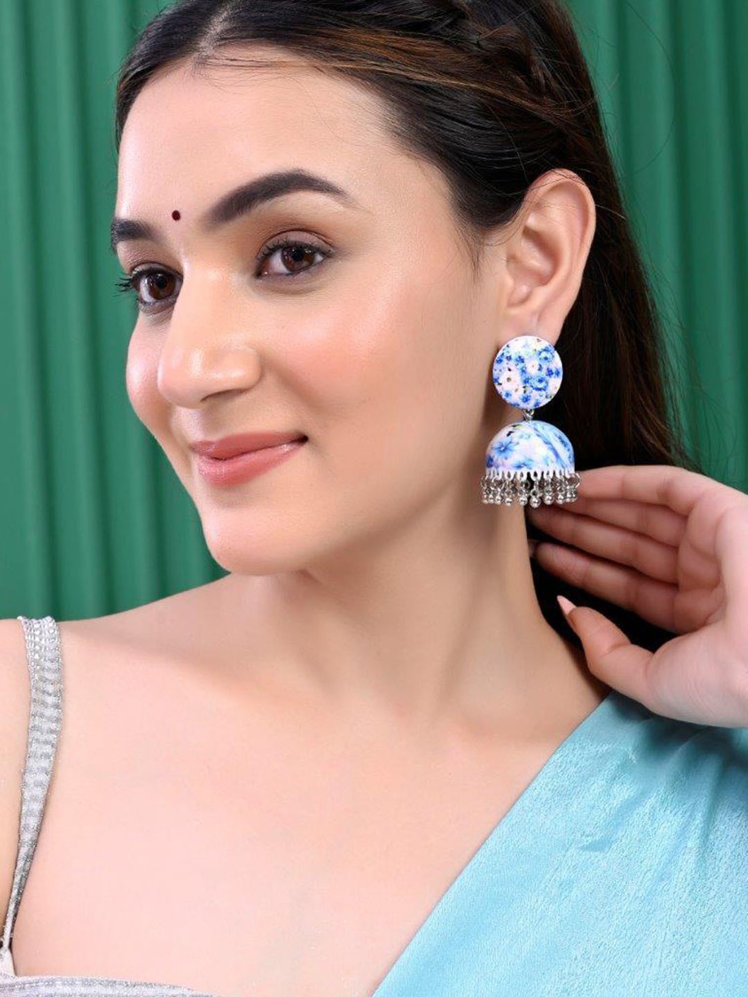 VOJ Set of 2 Earrings- Blue Printed Jhumka with Black AD Studded Drop Earrings for Women