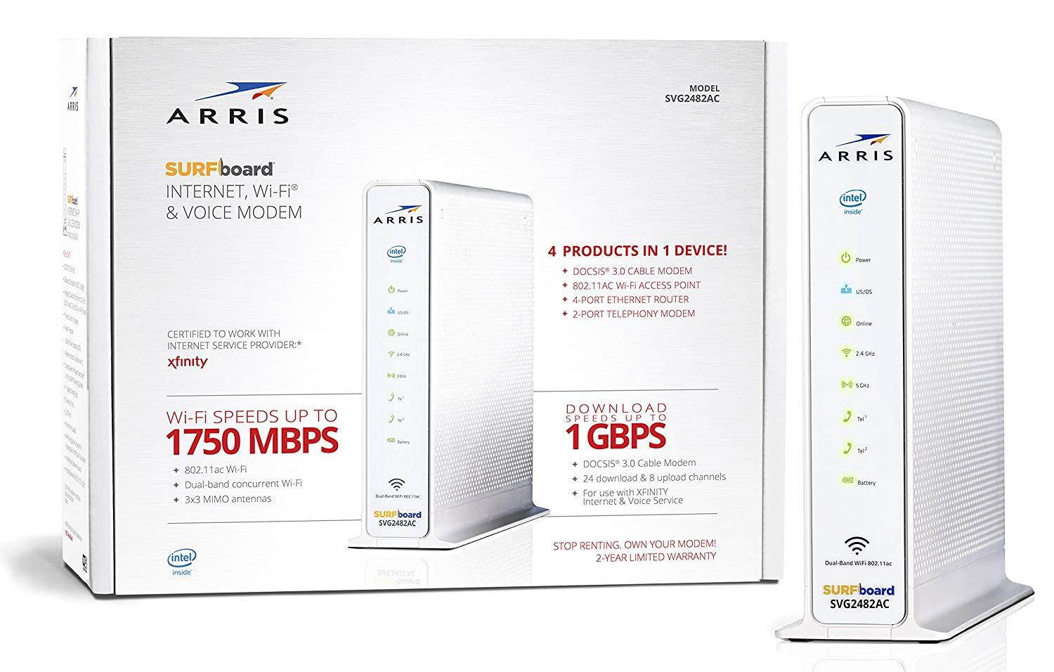 ARRIS Surfboard (24x8) Docsis 30 Cable Modem Plus AC1750 Dual Band Wi-Fi Router and Xfinity Telephone