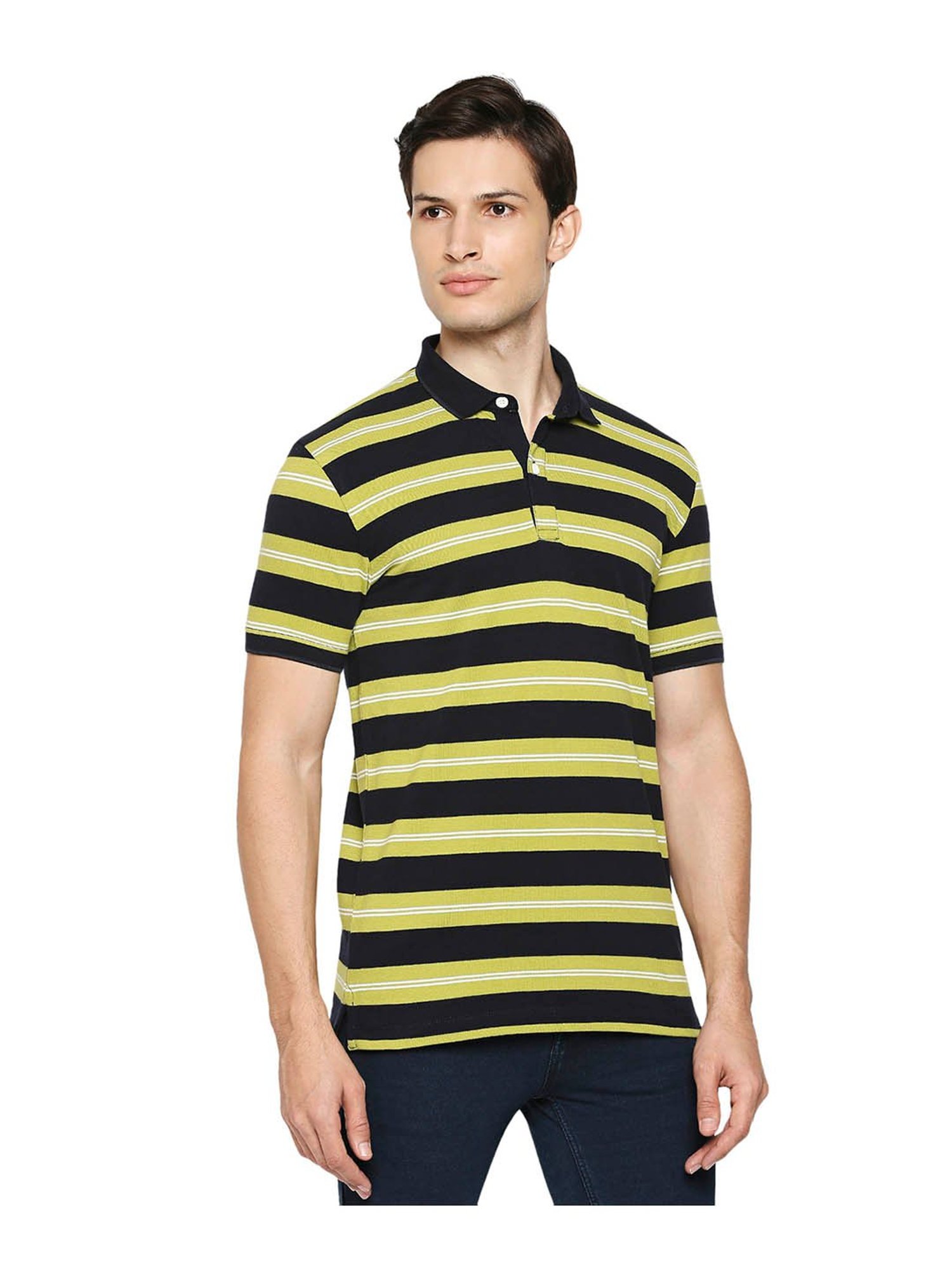 Mufti Lime Green & Navy Blue Striped Polo T-Shirt