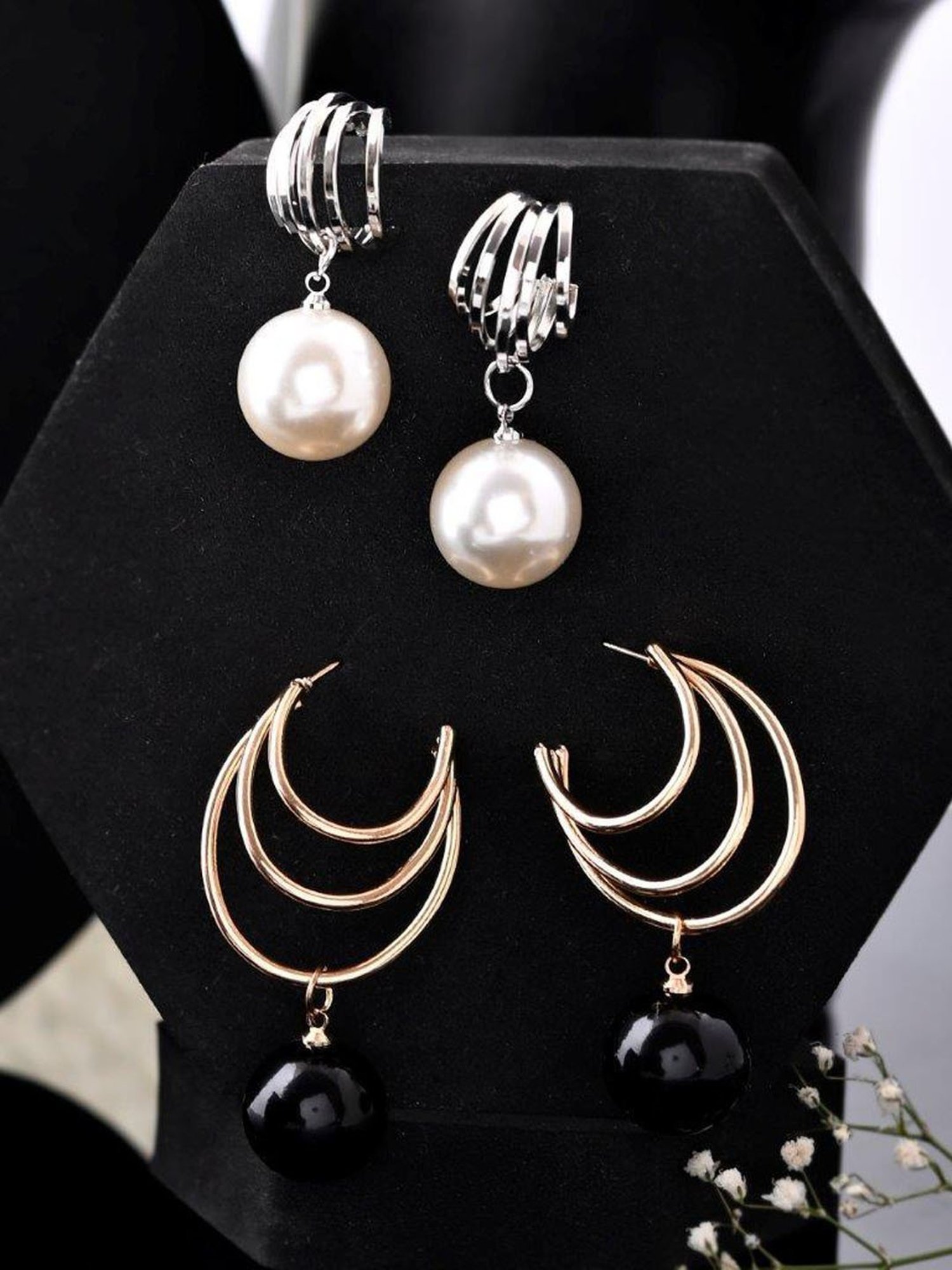 VOJ Set of 2 Korean Drop Gold Plated Black Pearl and Silver Plated White Pearl Earrings for Women