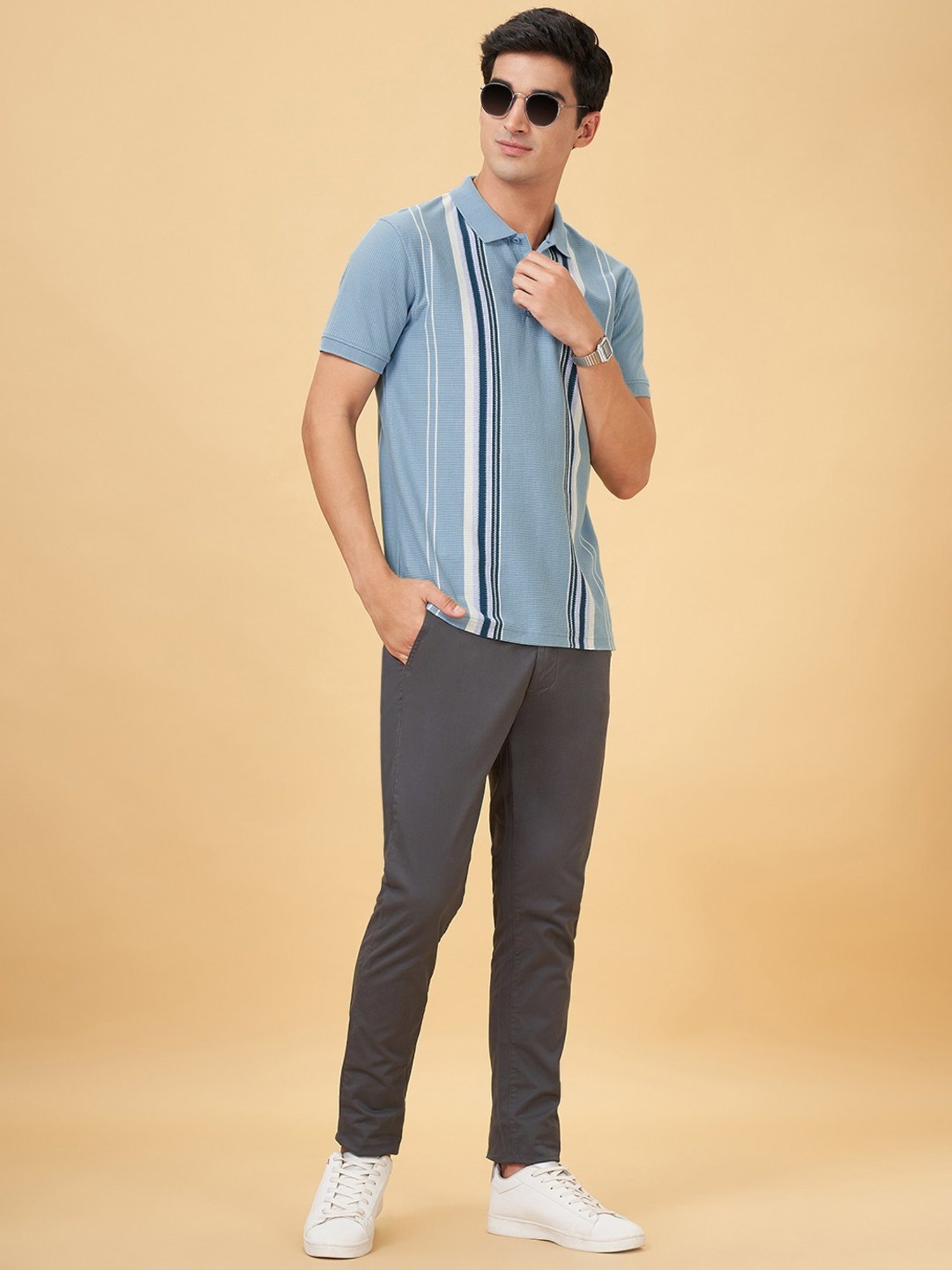 Byford By Pantaloons Blue Slim Fit Striped Polo T-Shirt