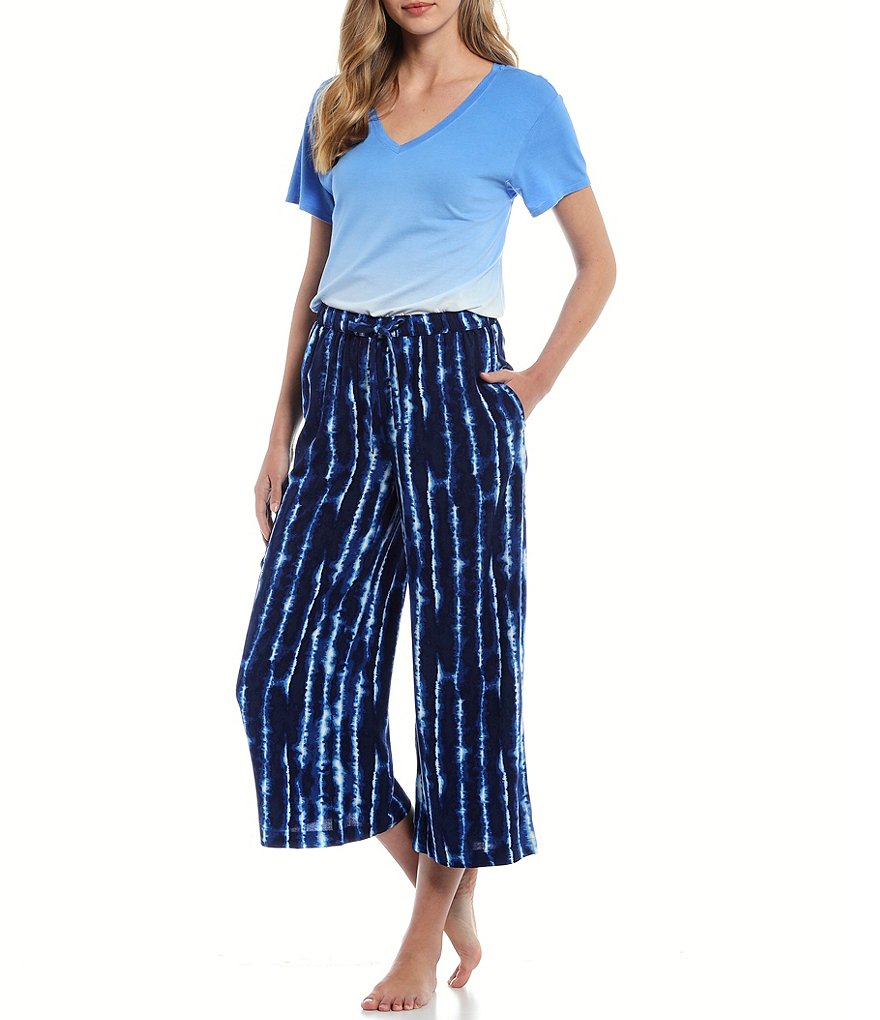Jasmine & Ginger Tie Dye Print Cropped Wide-Leg Woven Sleep Pants