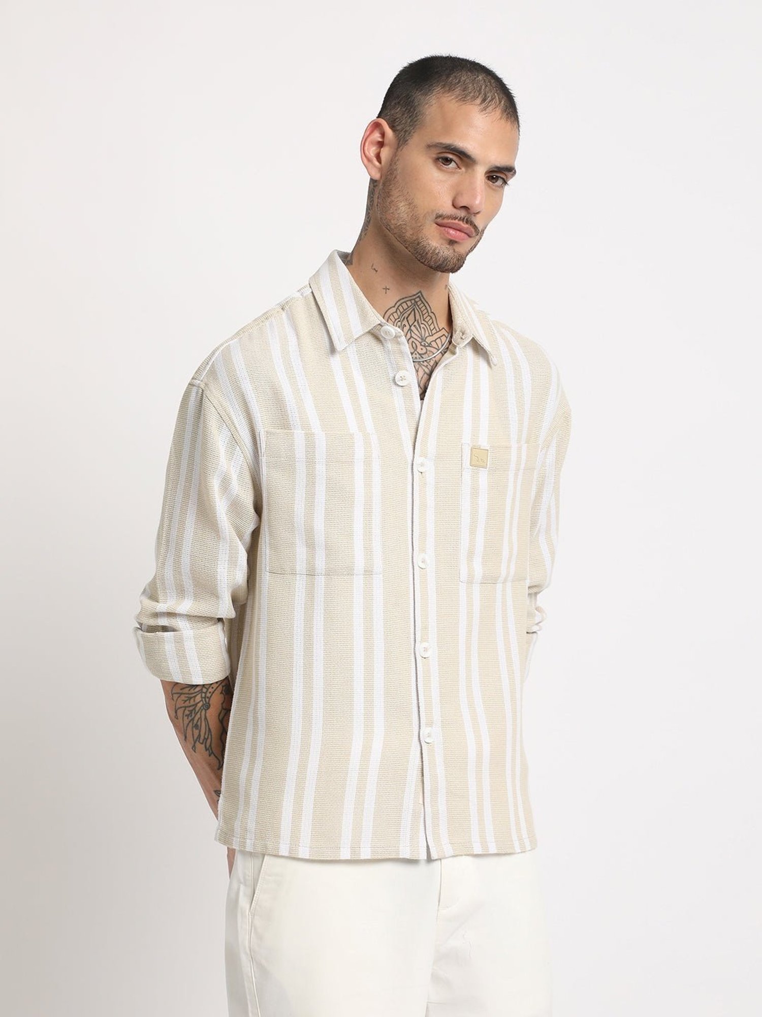 The Bear House Beige Regular Fit Striped Shirt