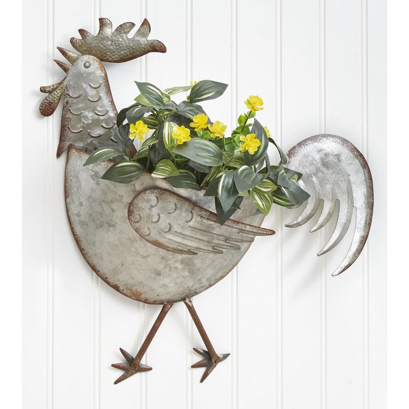 Lakeside Galvanized Metal Wall Hanging Rooster Planter - For Indoors and Outside