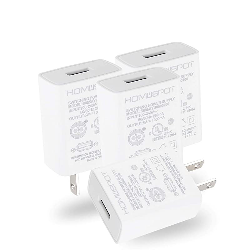 ULListed Universal US 5V1A USB Wall Charger Plug inDoor Power AC Adapter for Travel Office Home Use 4 Pack White