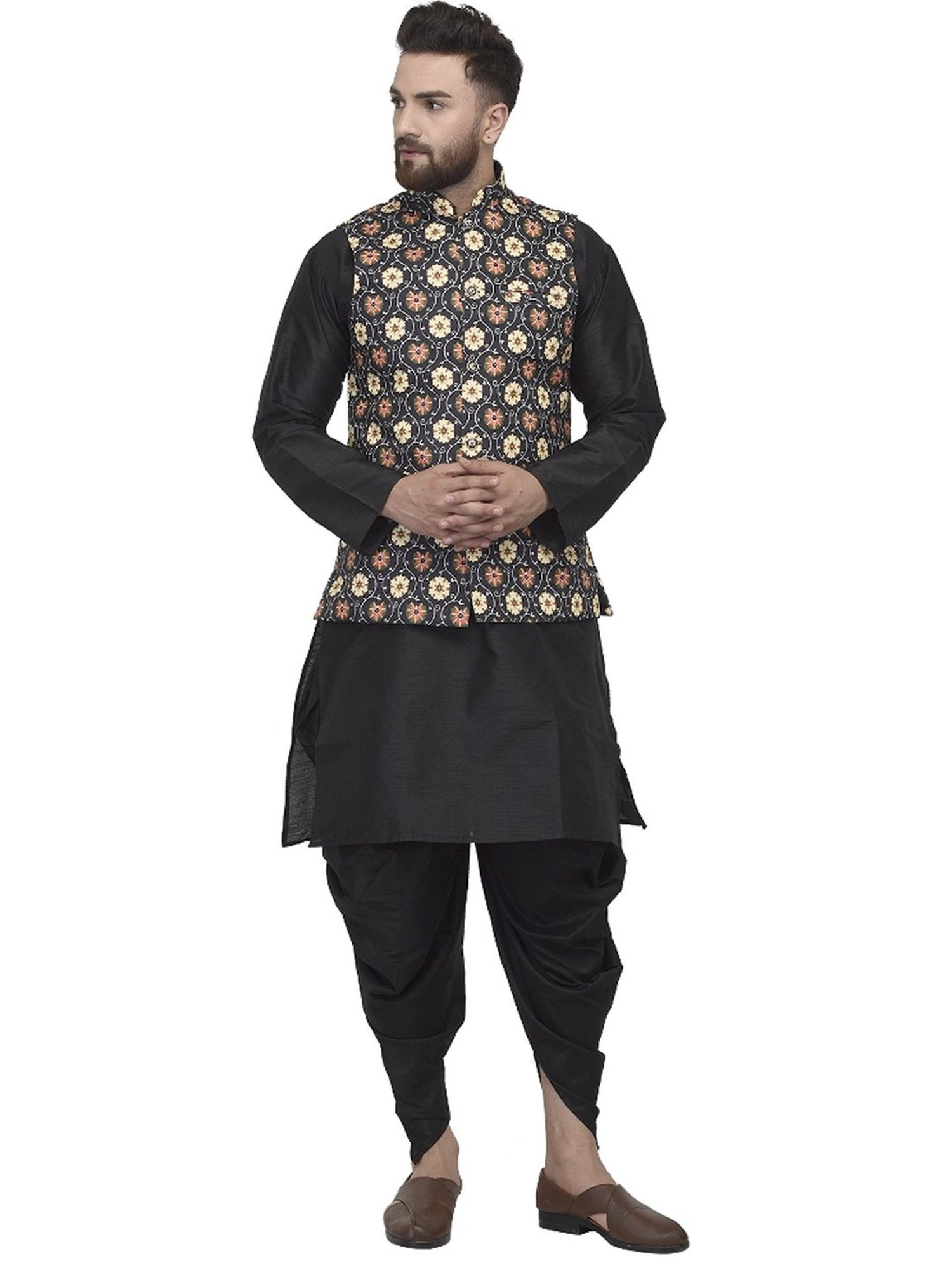 Benstoke Black Regular Fit Floral Print Kurta Set With Jacket