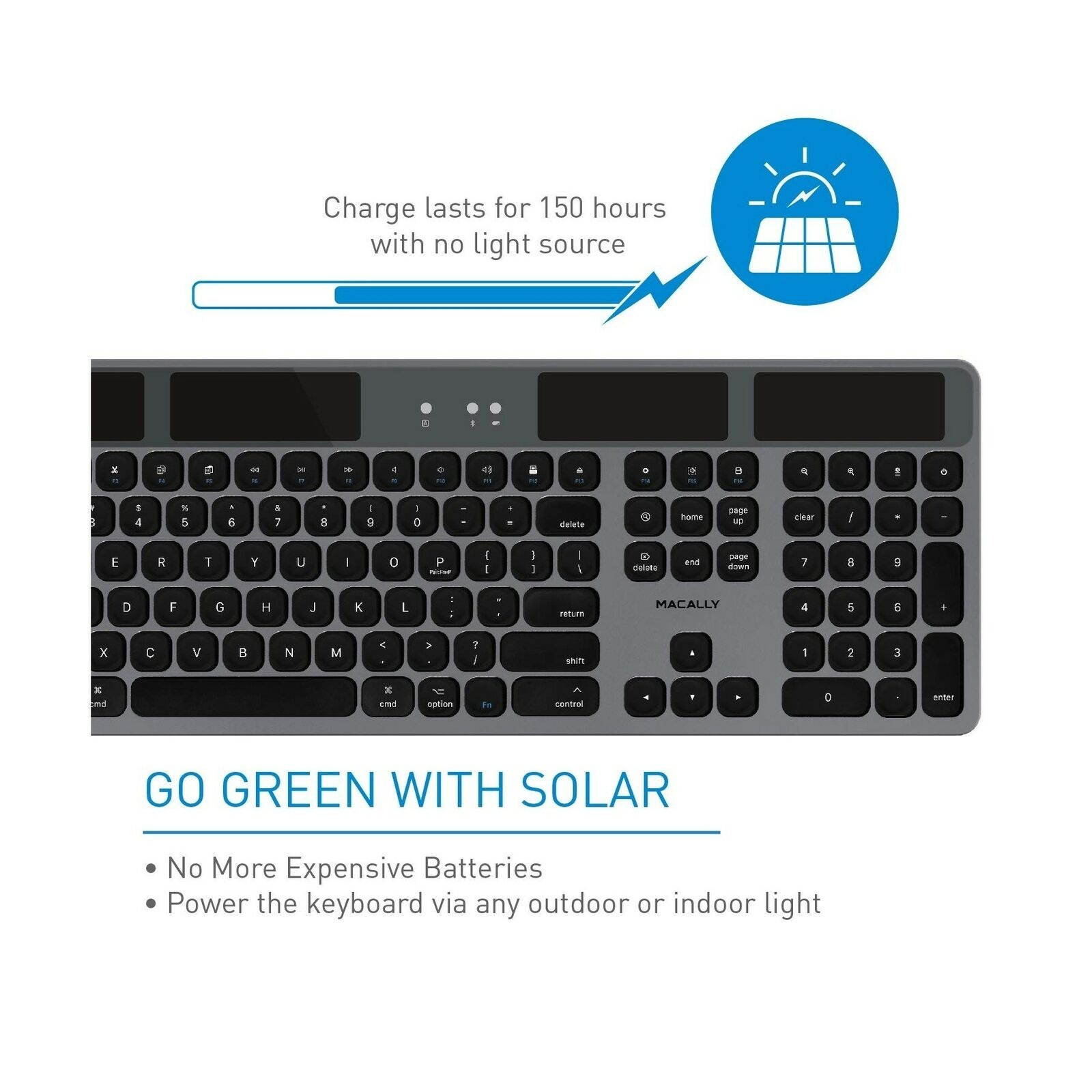 Macally Bluetooth Wireless Solar Keyboard for Mac Mini/Pro, iMac Desktop Computers & Apple MacBook Pro/Air Laptops | Rechargeable Via Any Light Source | Caps Lock/Battery Indicators - Space gray