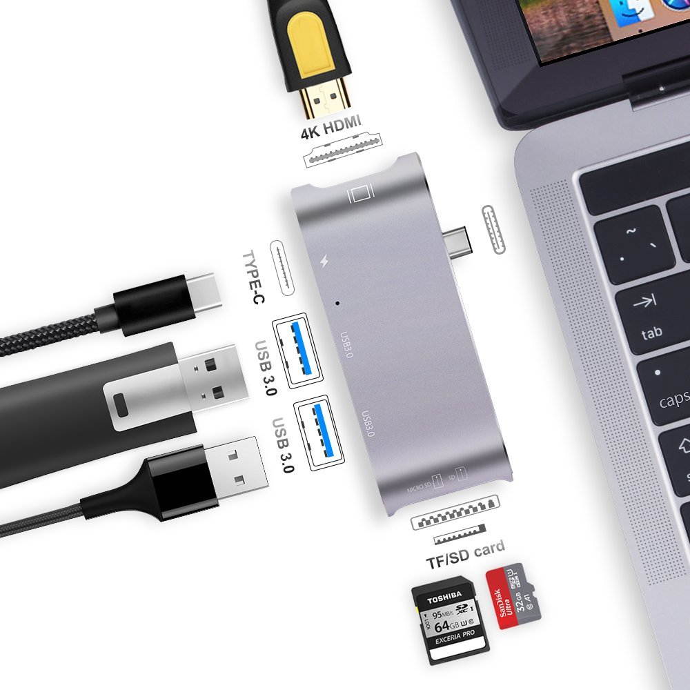 USB C Hub, USB C Adapter Type-C 3.1 with 2 USB-C 3.0 Ports,SD/TF Card Reader,HDMI 4K&PD Charging for Macbook Pro,Micsoft 950XL,Google Chromebook and More Type C Devices (Silver)