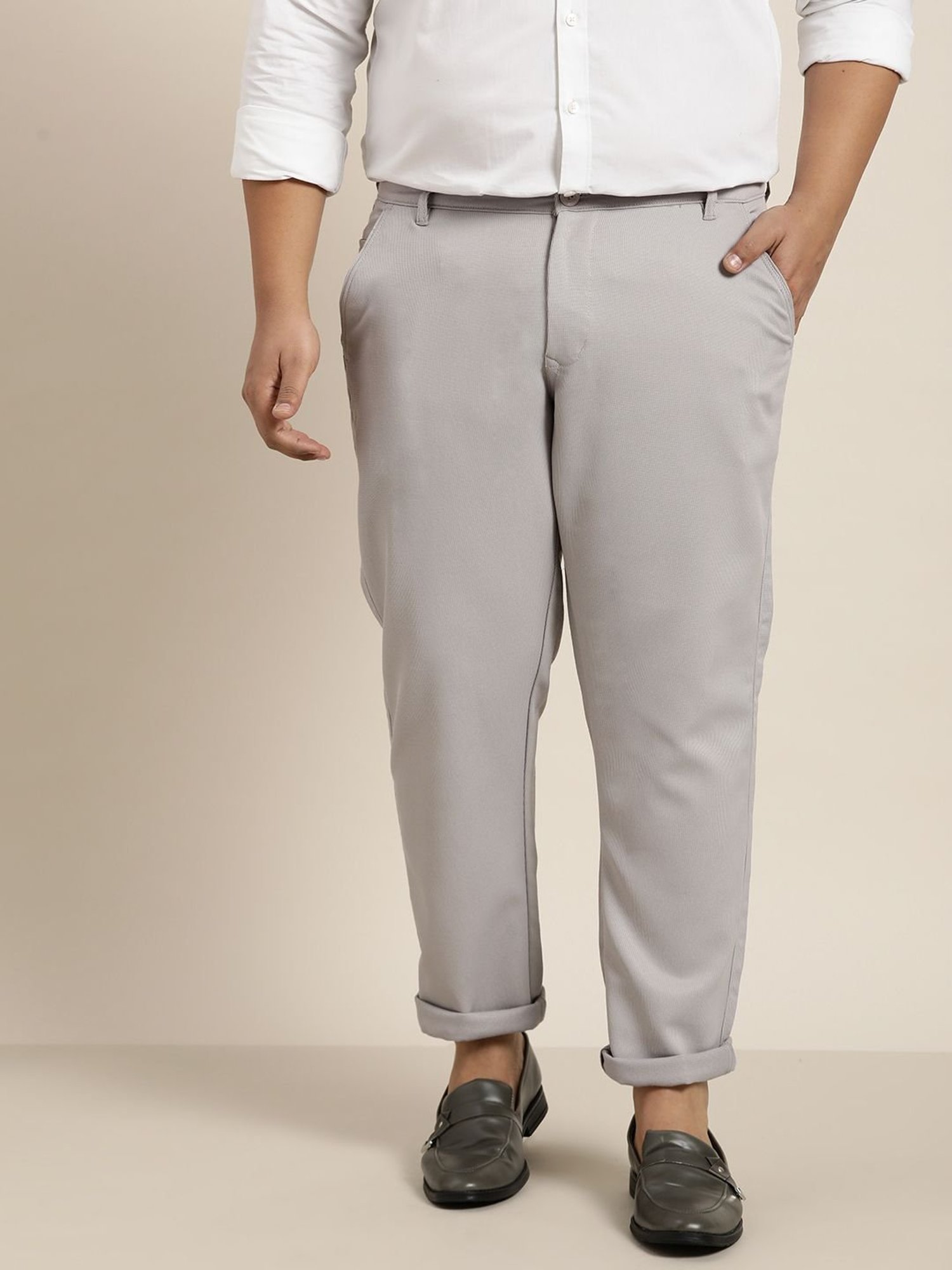Sojanya Grey Cotton Regular Slim Fit Self Pattern Flat Front Trousers