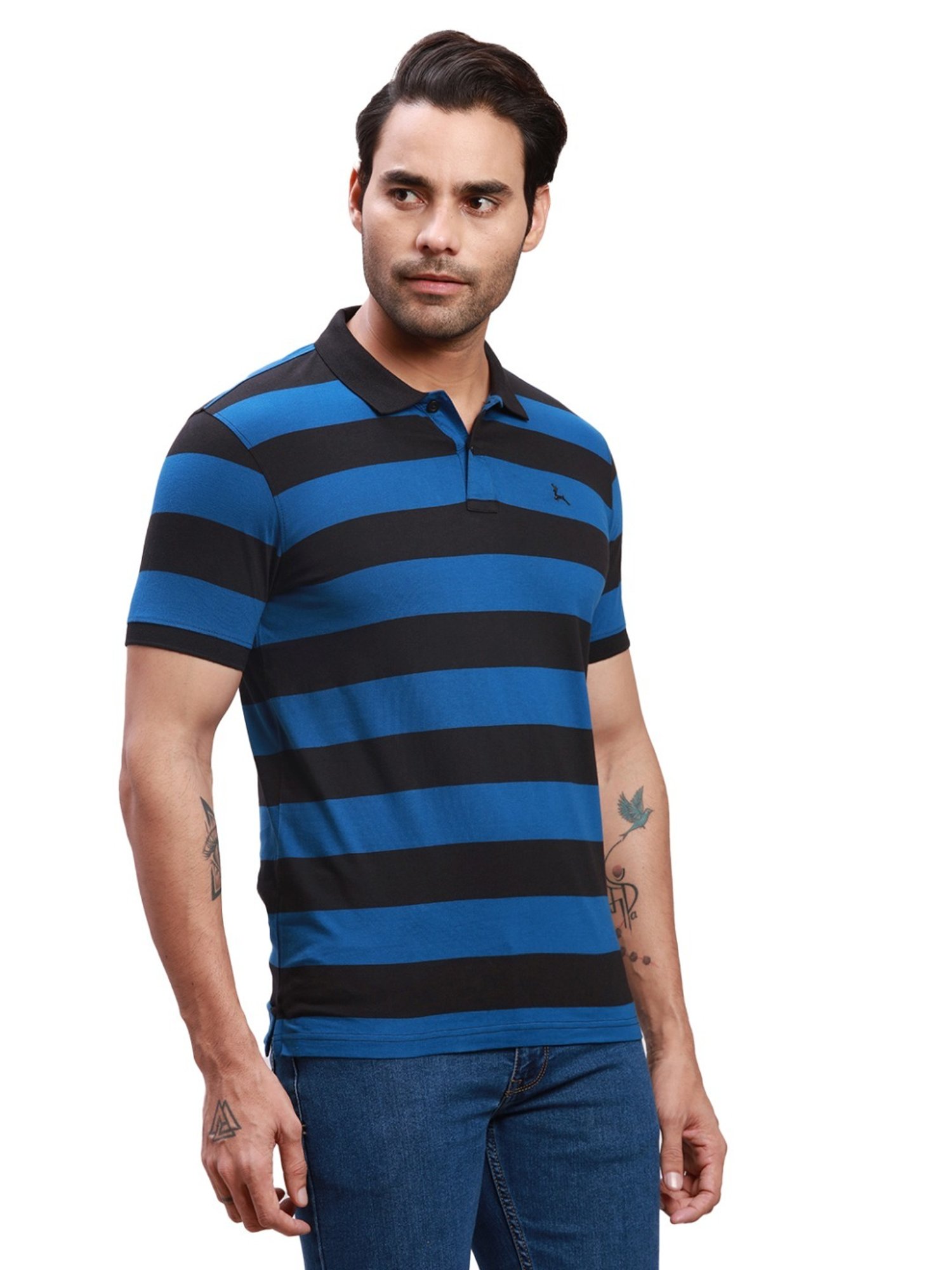 Parx Blue Cotton Regular Fit Colour Block Polo T-Shirt