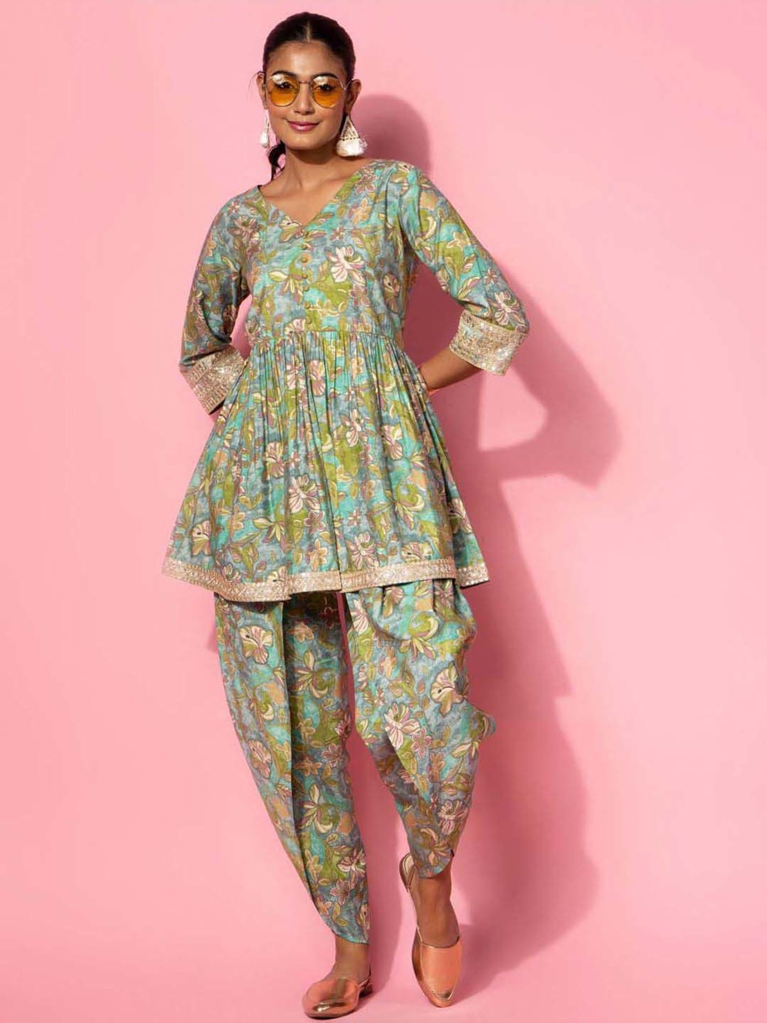 Libas Green Printed Silk Blend Co-Ords
