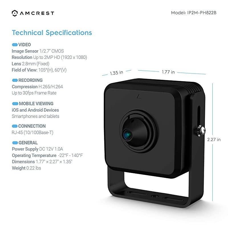 Mini IP Camera, 1080P Indoor Network Mini Camera, 2MP Wired Security Surveillance Nanny Cam, 2.8mm Lens, 105&deg; Viewing Angle, 1080p @30fps, IP2M-PH822B (Black)