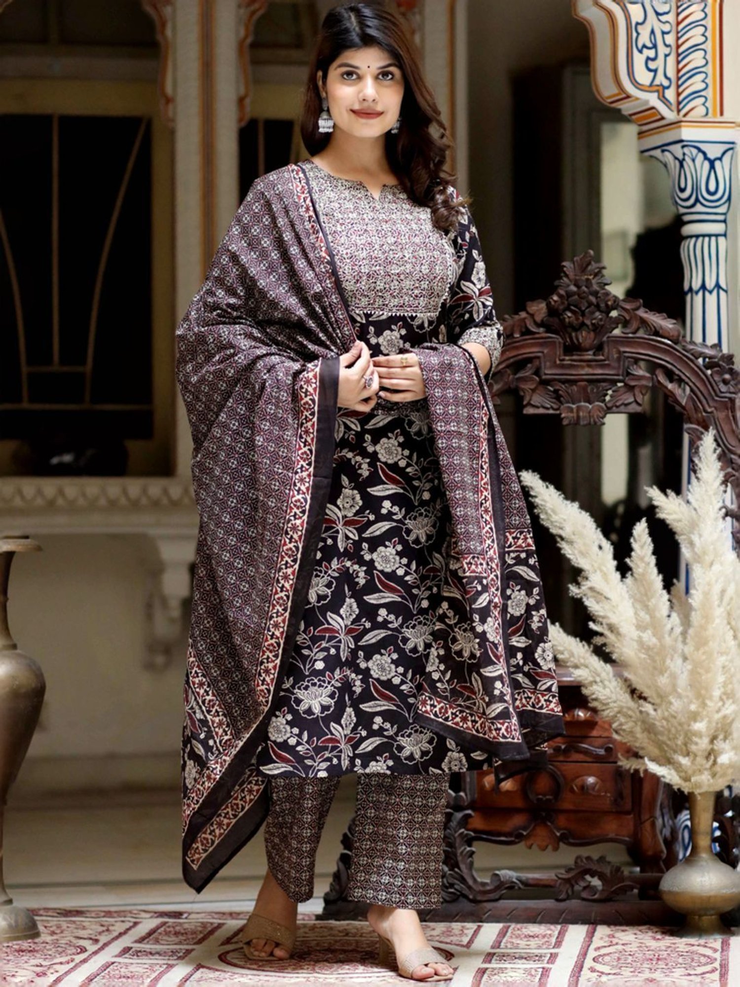 Miravan Black Cotton Embroidered Kurta Palazzo Set With Dupatta