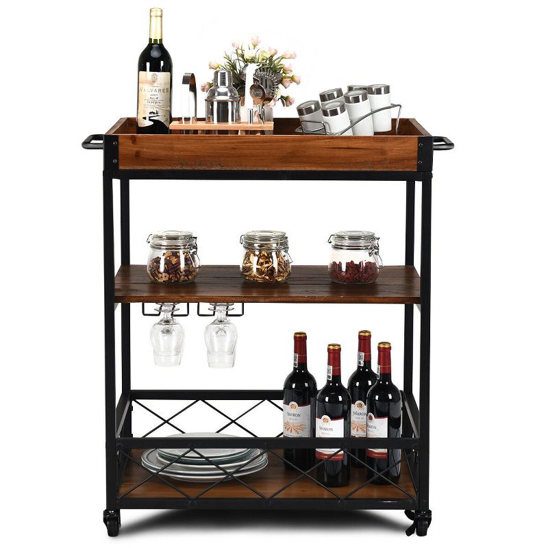 Costway 3 Tier Rolling Kitchen Trolley Island Cart Serving Dining Storage Shelf Utility Black Iron