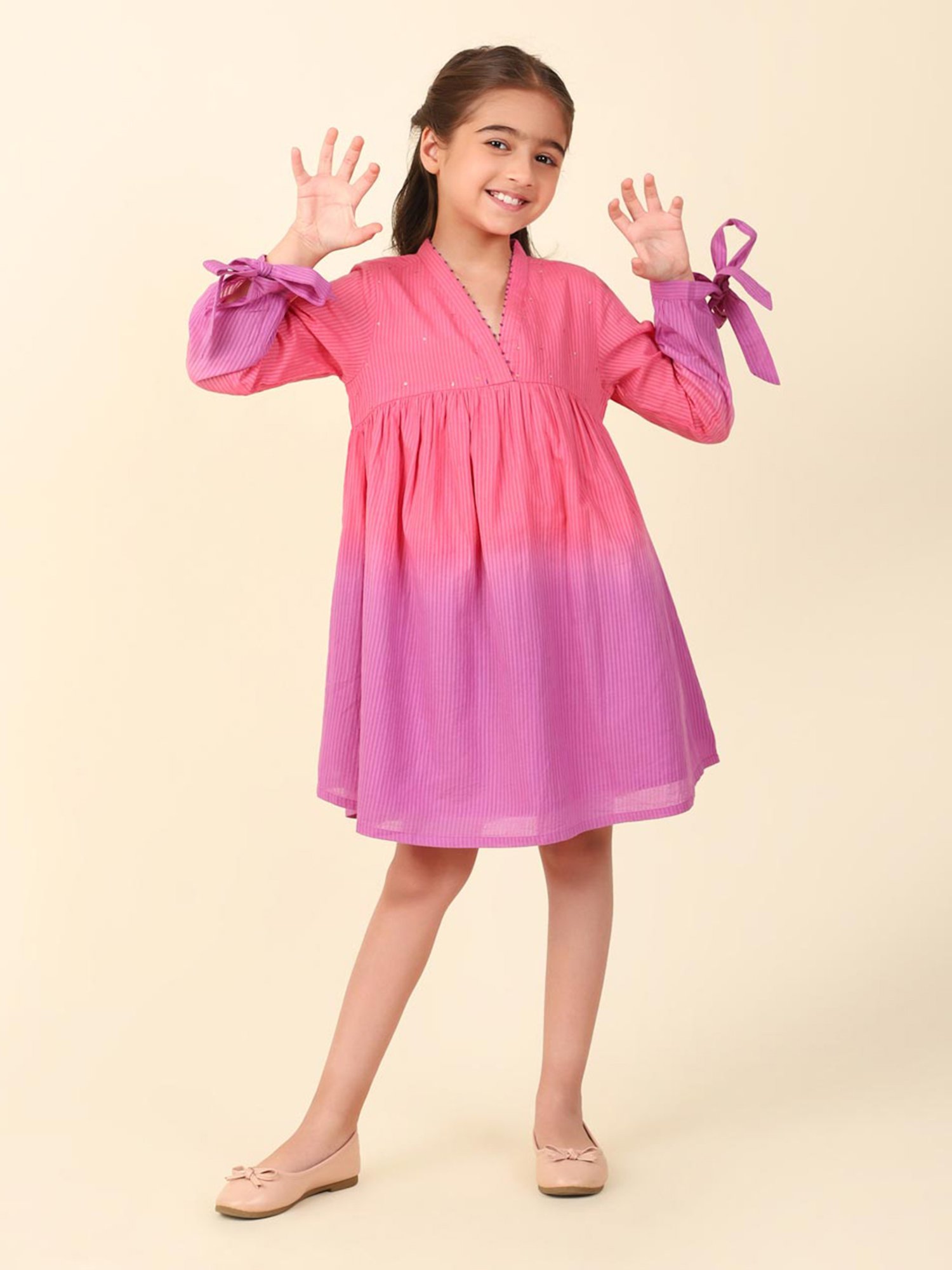 Fabindia Kids Pink & Purple Printed Full Sleeves Dress