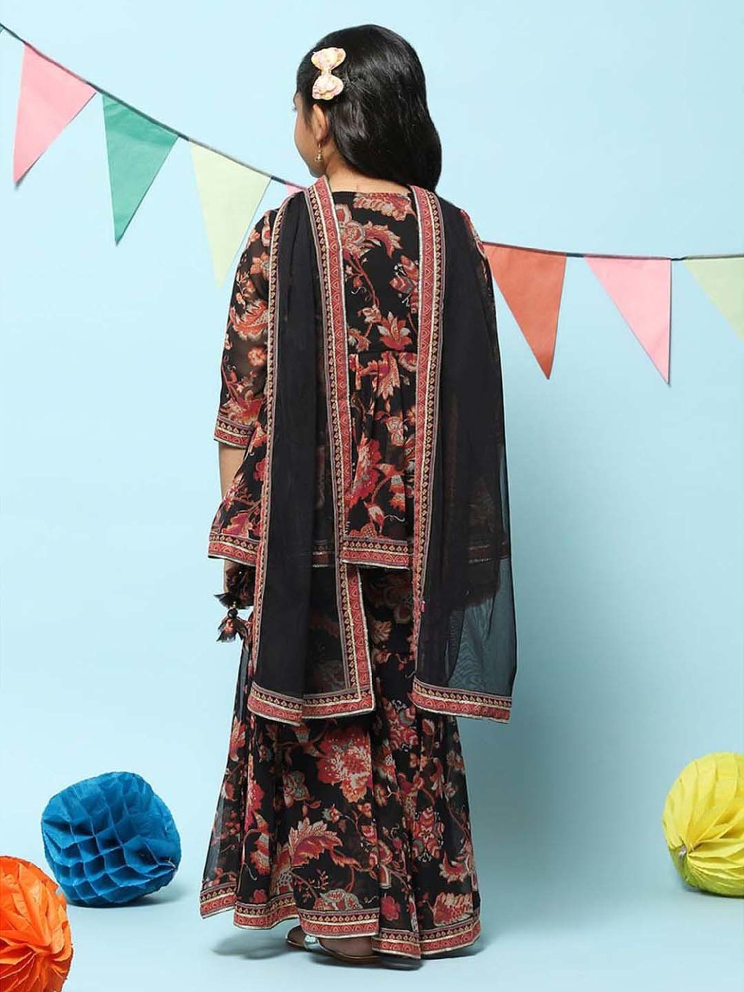 BIBA Girls Kids Black & Red Printed Kurta Set