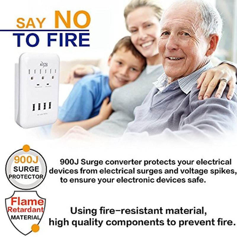 KMC 3-Outlet Wall Mount Surge Protector 900 Joules with 4.8 AMP USB Charging Ports, 4 USB Charging Ports and 1 Phone Holders for Home, School, Office, ETL Certified
