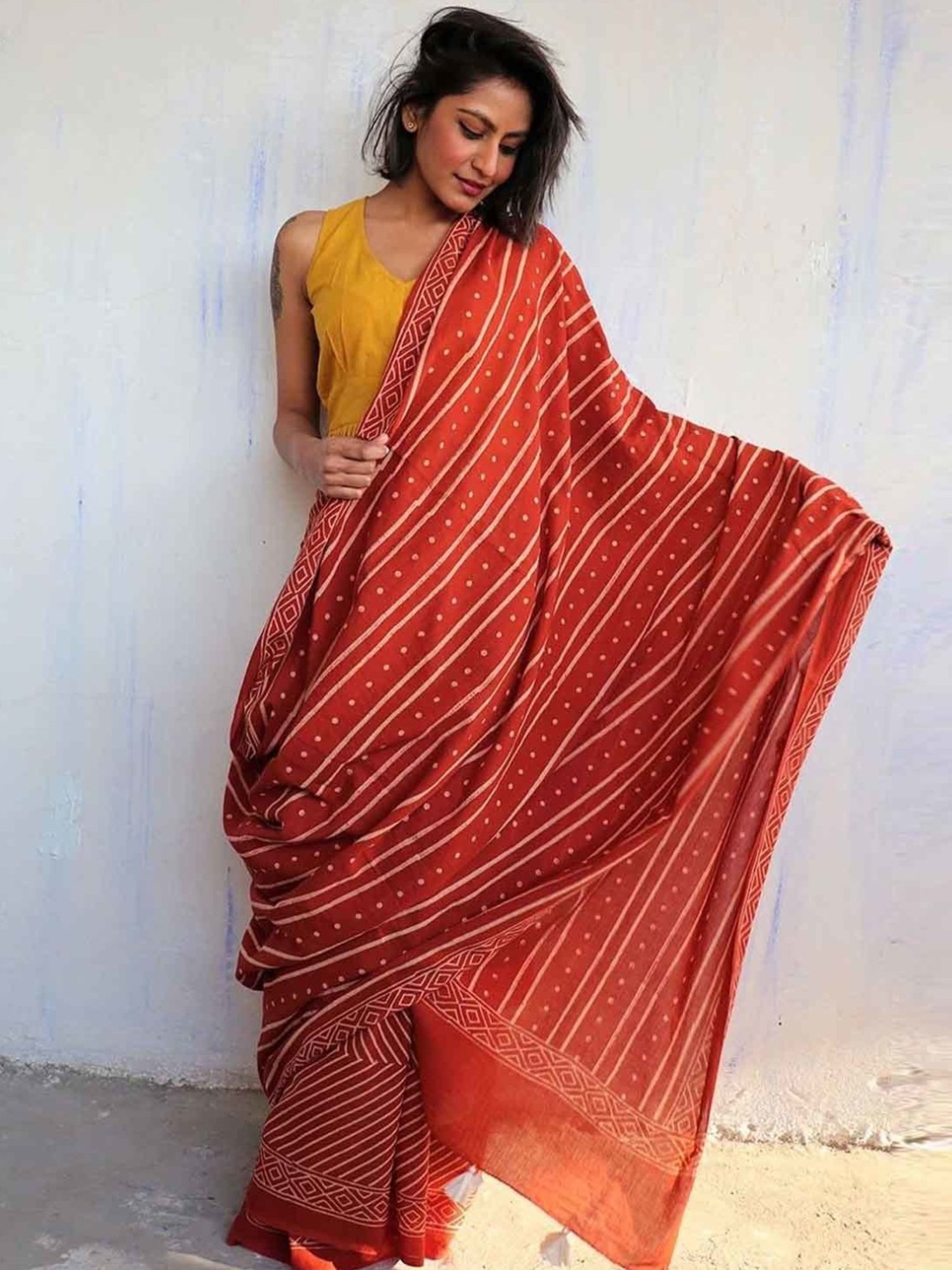 Chidiyaa Rust Block Printed Cotton Mulmul Saree - Butterfly Girls