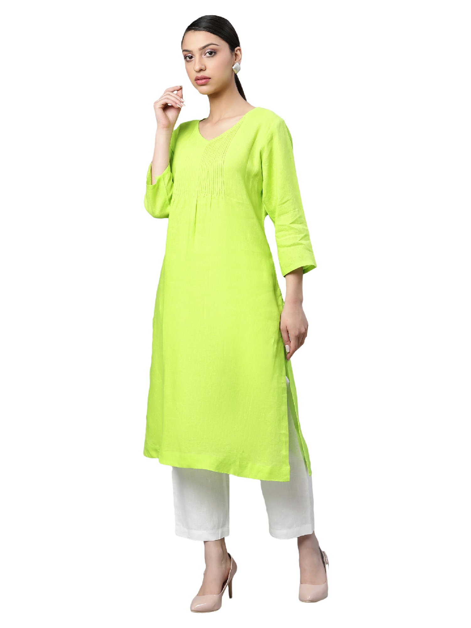 Linen Club Woman Lime Green A Line Kurta