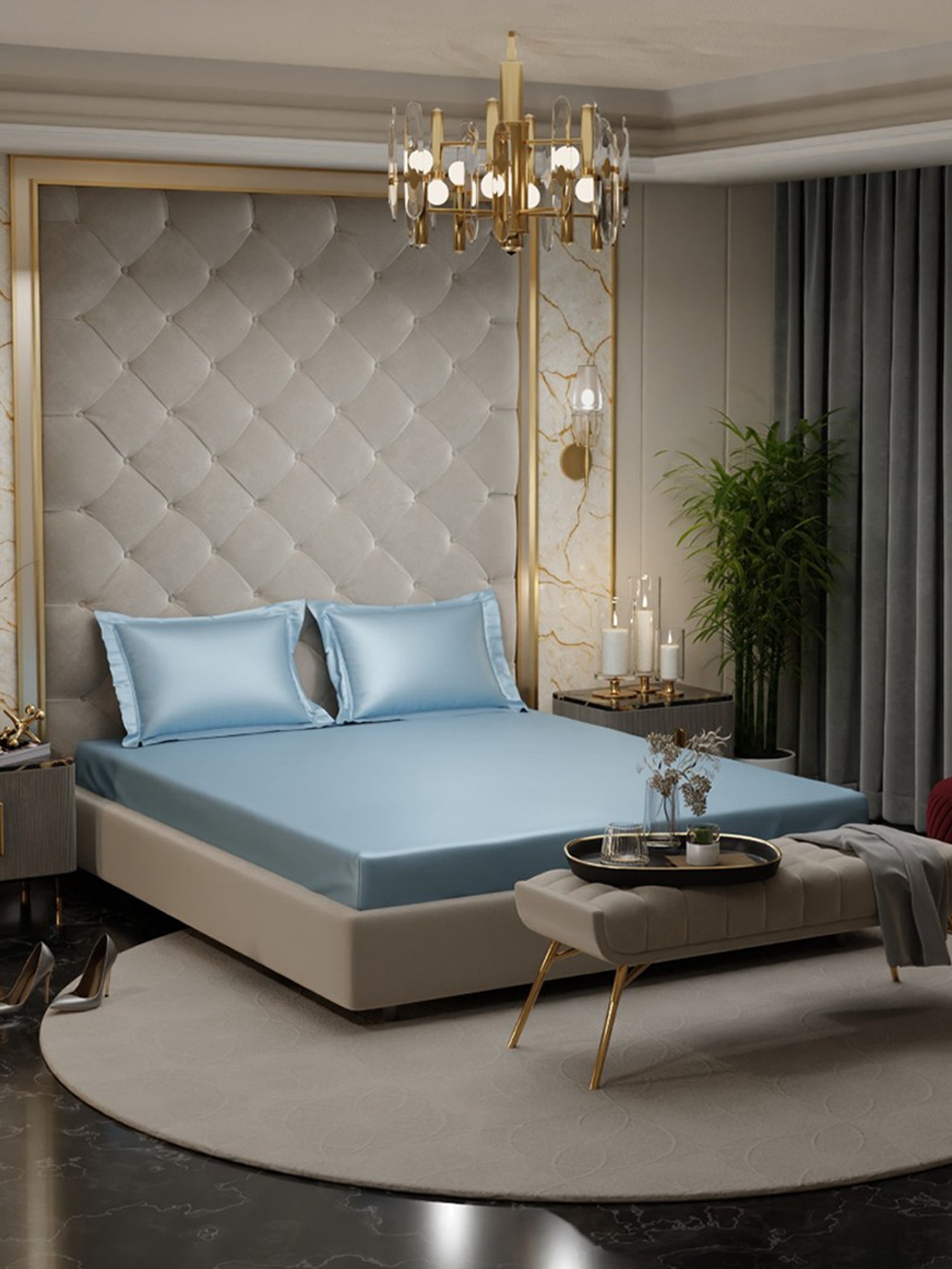 Stoa Paris Blue 300 TC Polyester Super King Fitted Sheet with 2 Pillow Covers